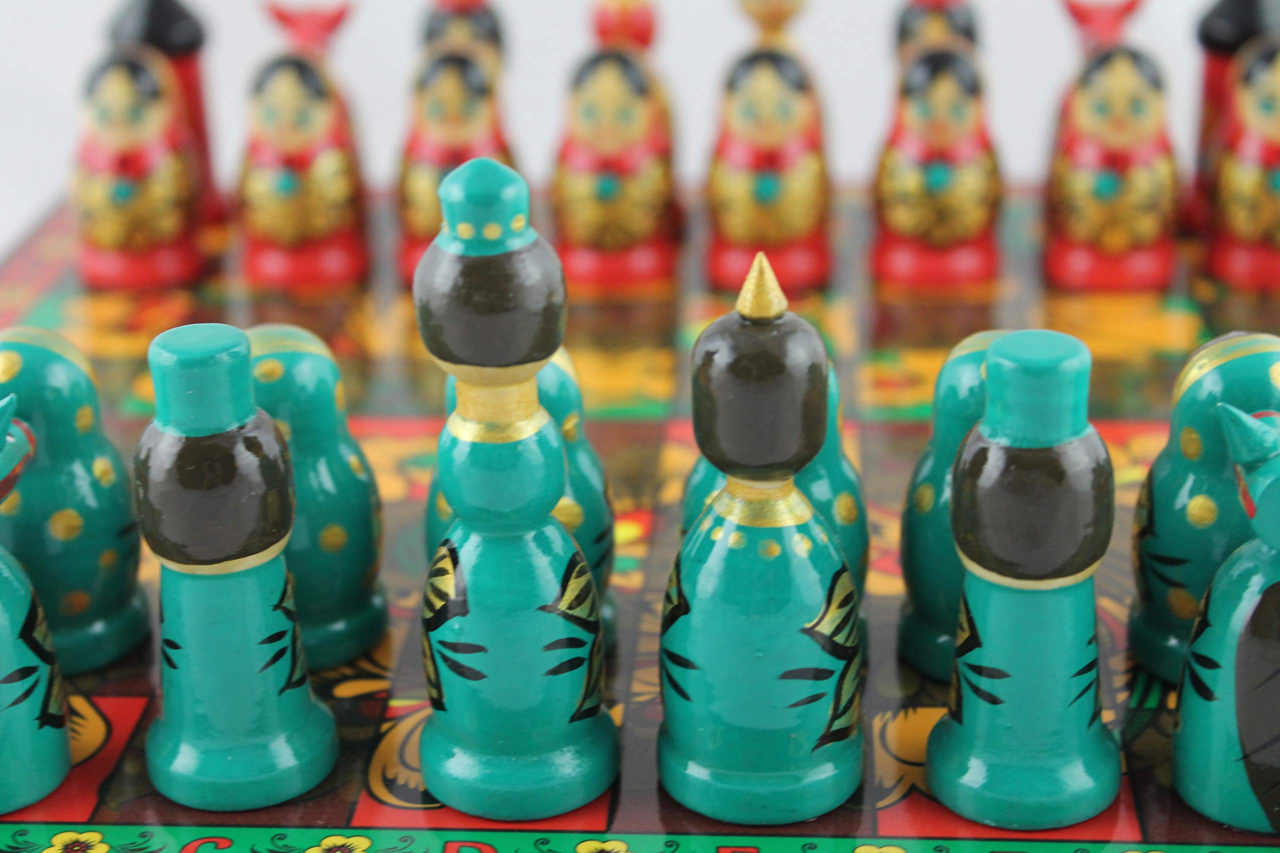 Hand-Painted Khokhloma Chess Set - Traditional Russian Wooden Chess Board with Folk Art Design | Perfect for Home Decor, Gift & Collectors