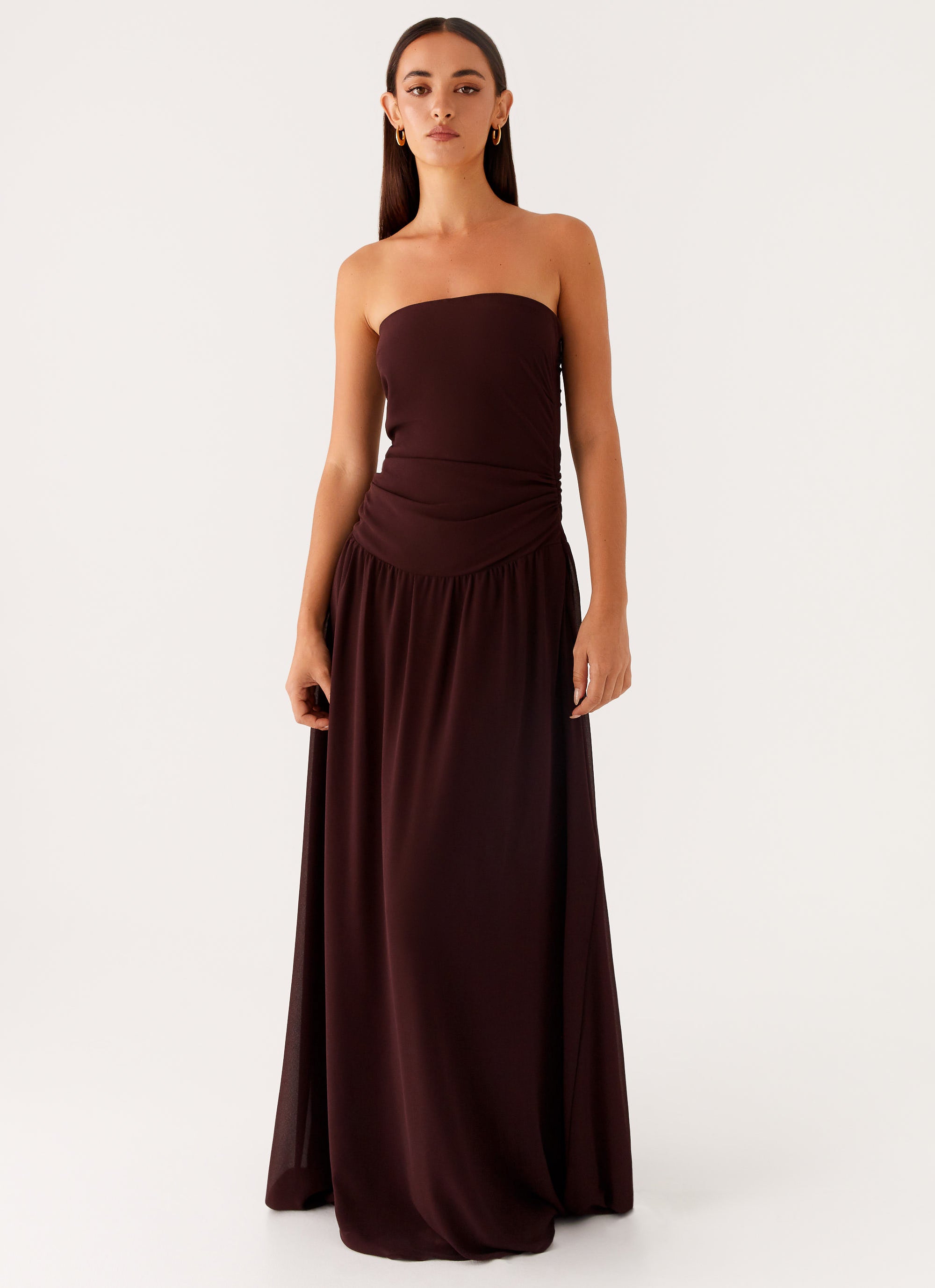 Covia Strapless Maxi Dress for Women - Dark Chocolate Long Formal Evening Gown for Weddings, Parties & Special Occasions