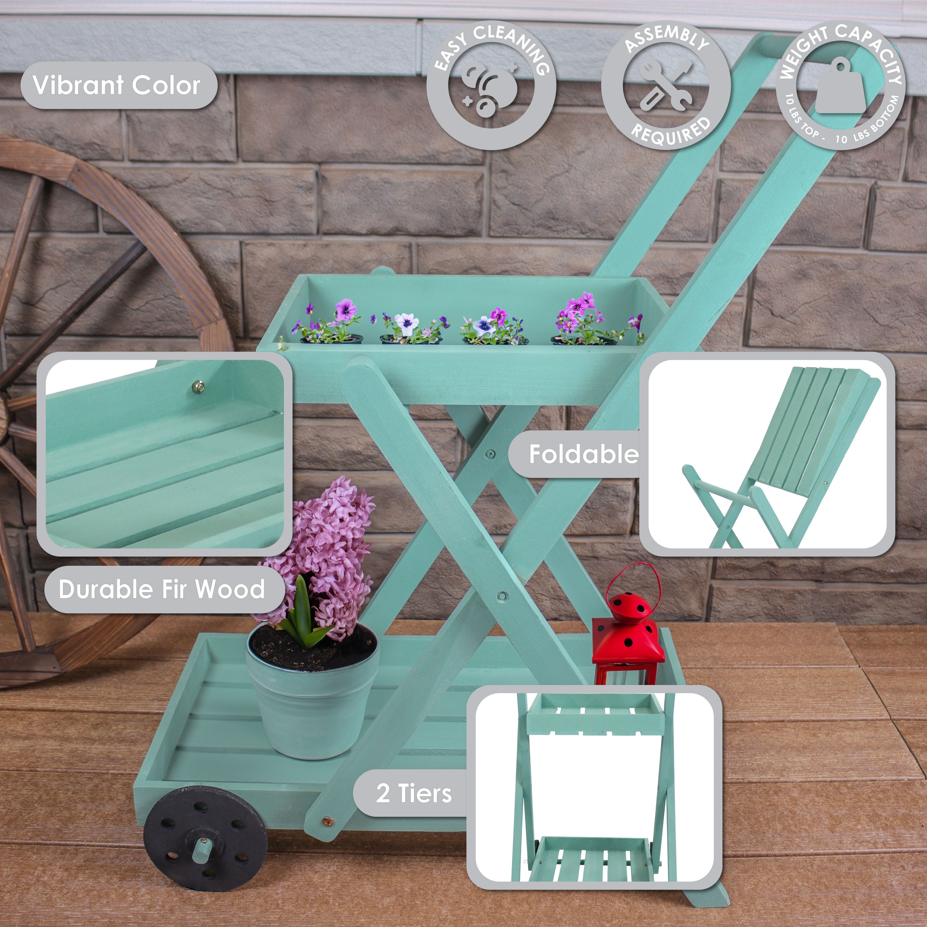 2-Tiered Flower Garden Cart by Sunnydaze - 34 Inch Height, Robin Egg Blue - Perfect for Outdoor Gardening, Patio Decor & Plant Transport
