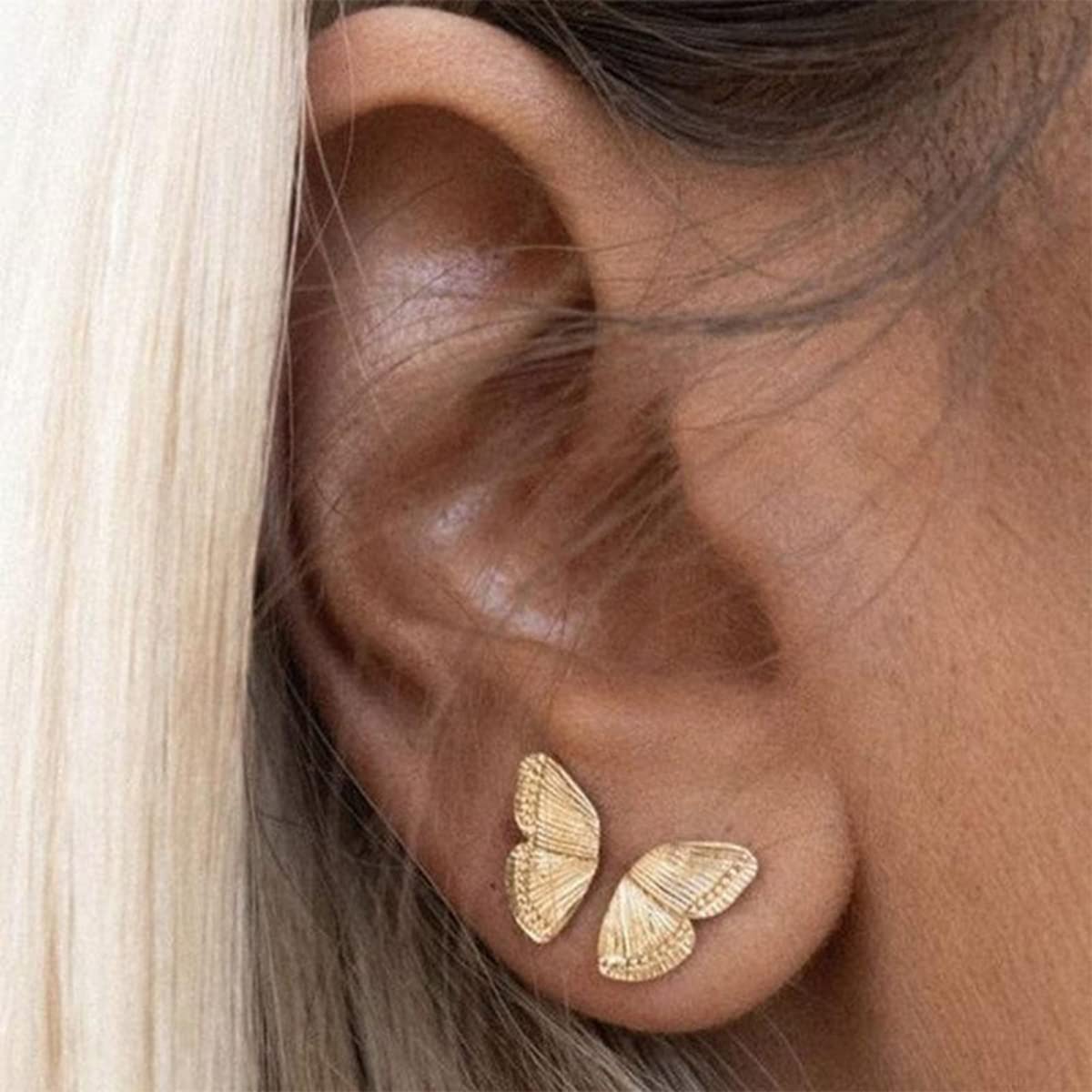 14K Gold Plated Butterfly Wings Stud Earrings for Women - Minimalist Lightweight Cartilage Earrings in Silver & Rose Gold - Dainty Hypoallergenic Ear Jewelry for Everyday Wear, Date Night & Special Occasions