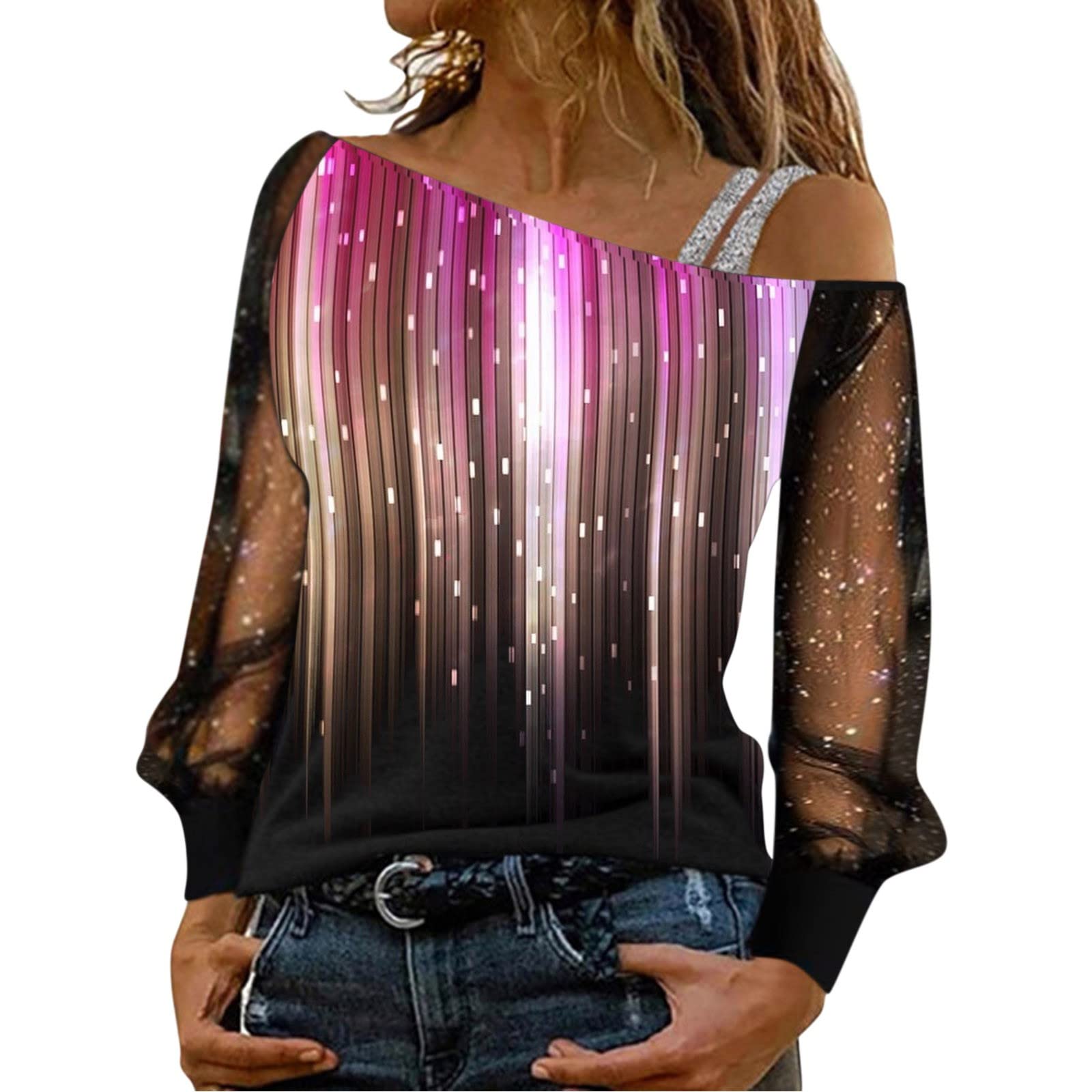 Women's Sequin Print Mesh Long Sleeve Cold Shoulder Blouse - Western Style Loose Tunic Top for Work & Party Wear | Office Outfit & Evening Occasion Fashion