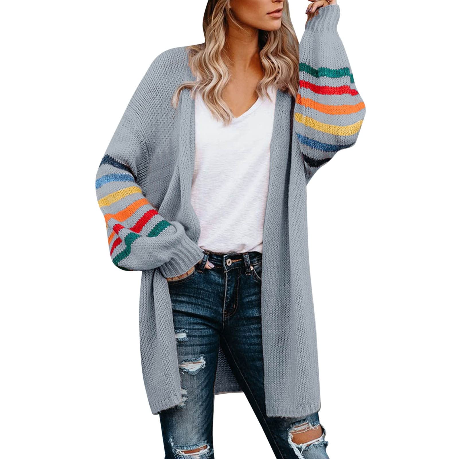 Plus Size Women's Rainbow Stripe Print Long Sleeve Open Cardigan Sweater - Warm Winter Overcoat for Women 4X - Perfect for Office, Casual Outfits & Holiday Parties