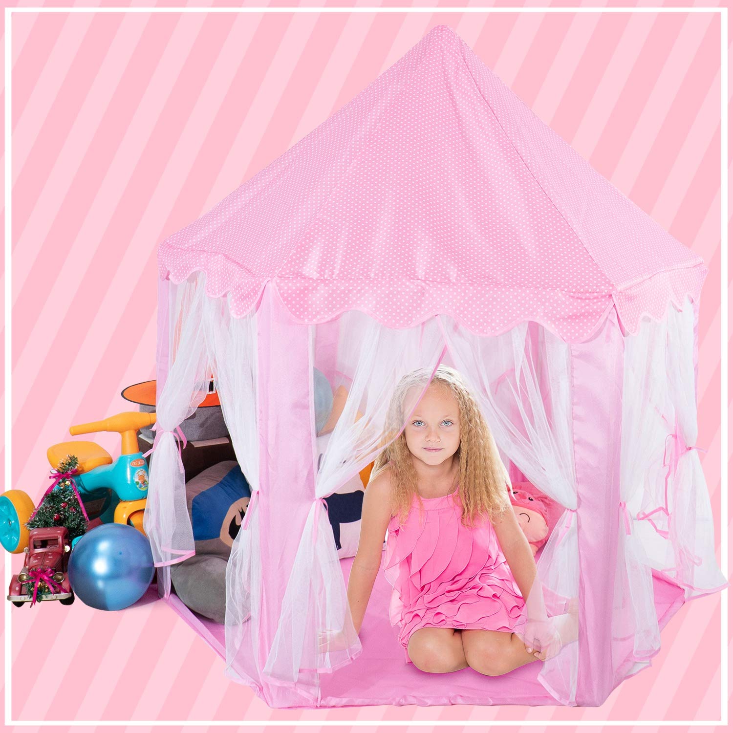 Princess Castle Play Tent for Kids - Fairy Tale Hexagon Playhouse with Star Lights, Indoor & Outdoor Toy for Girls, Birthday Gift | Perfect for Bedroom Decor, Backyard Fun & Imaginative Play