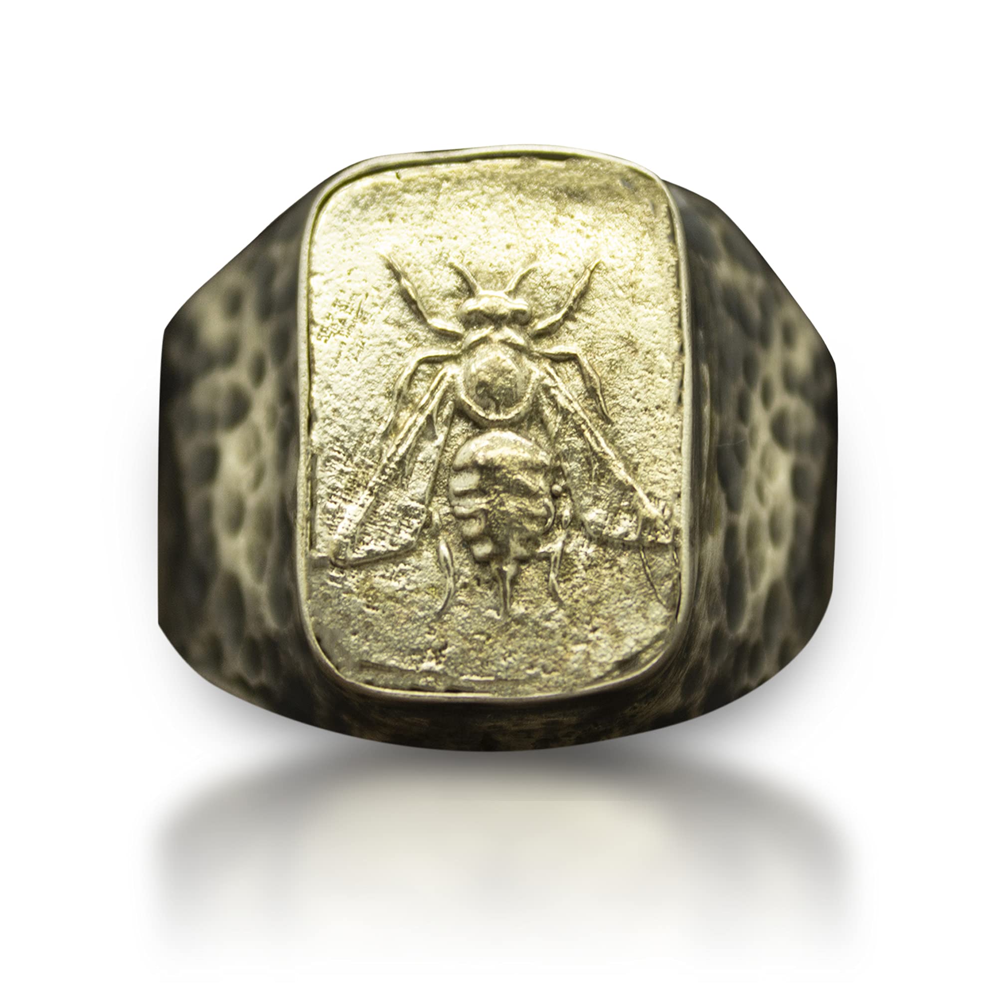 Greek Art Men's Signet Ring - 925 Sterling Silver Honey Bee Coin Ring | Ancient Roman Inspired Queen Bee Jewelry | Handmade Hammered Silver Ring by Pellada | Perfect for Weddings, Gifts & Vintage Style Fashion