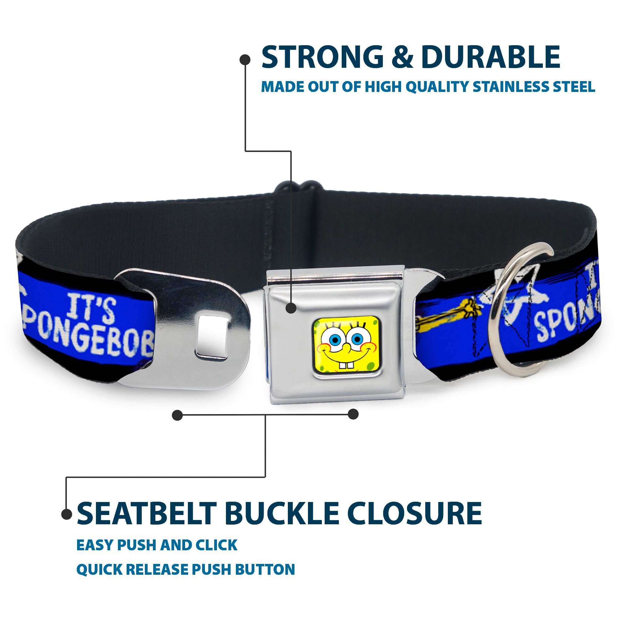 SpongeBob Dog Collar with Seatbelt Buckle - Adjustable 11-17 Inches, 1.0 Inch Wide - Black, Blue & White Striped Pet Safety Harness for Car Rides & Outdoor Adventures