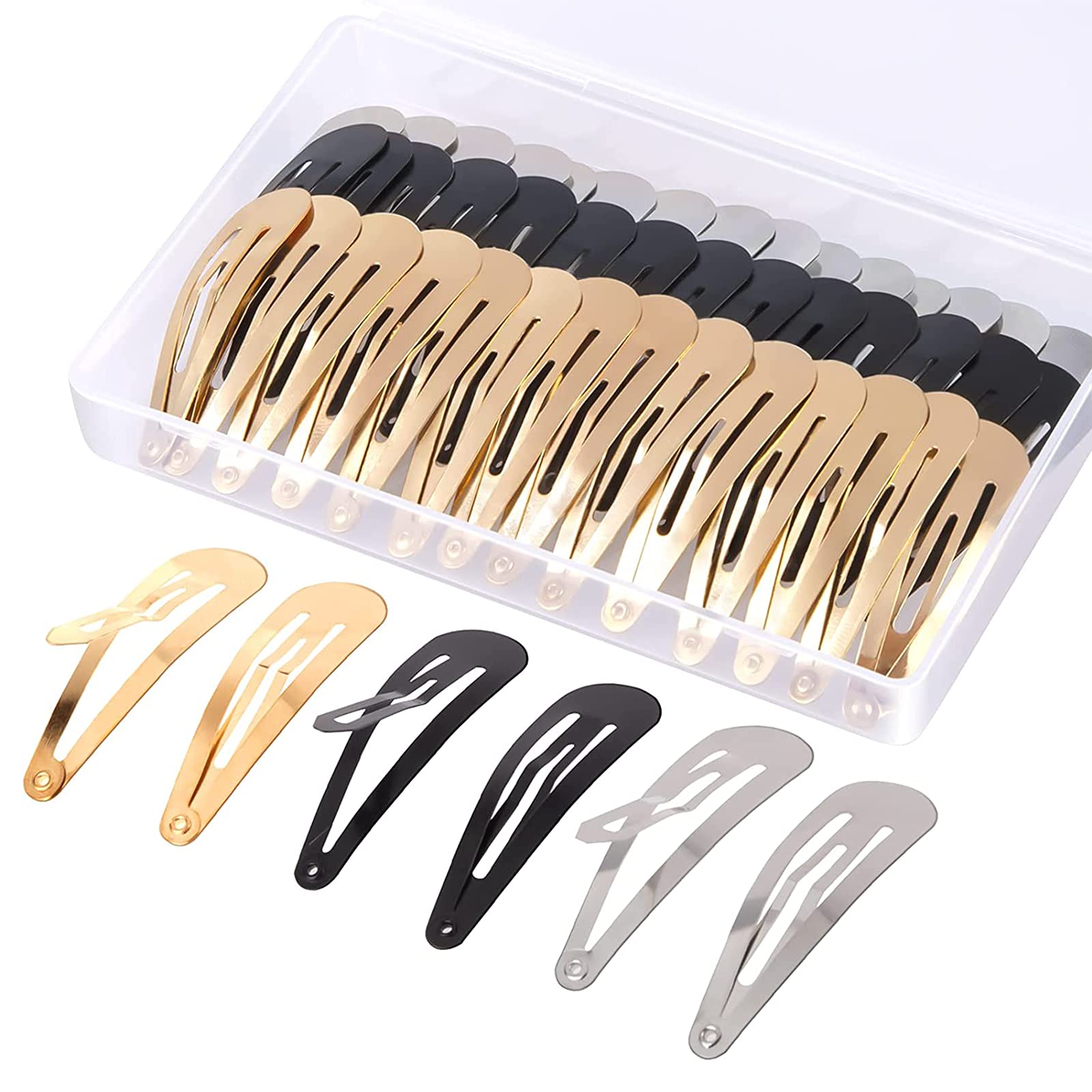 60 Pcs Snap Hair Clips with Storage Box - 2 Inch Non-Slip Metal Barrettes for Toddlers, Girls, Women (Gold, Silver, Black) | Perfect for School, Parties, Weddings & Everyday Hairstyling
