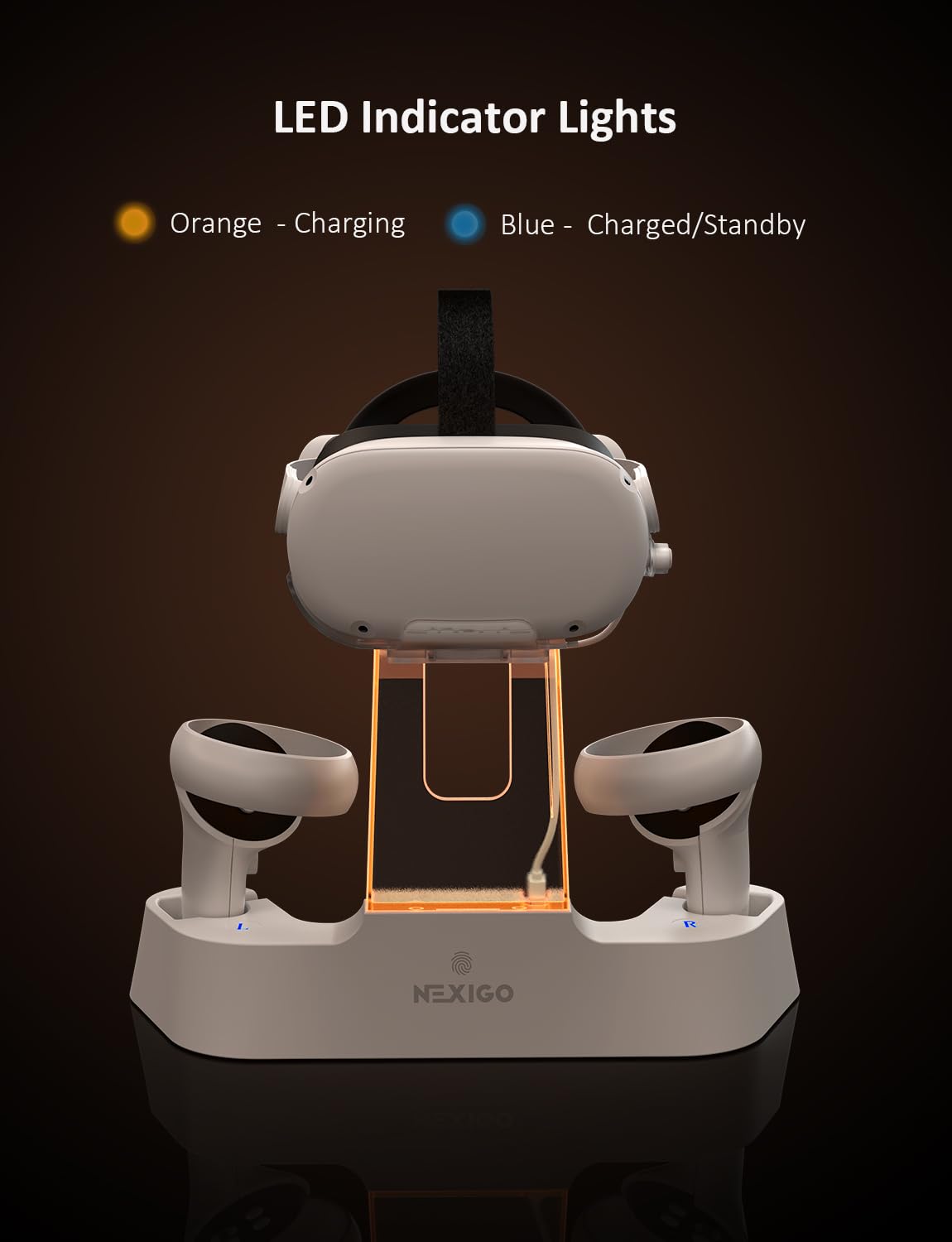 NexiGo Enhanced Charging Dock with LED Light [On/Off] for Oculus Quest 2 - Compatible with Elite Strap Battery, VR Headset Display Stand & Controller Holder - Includes 2 Rechargeable Batteries & USB-C Charger - Perfect for Oculus Quest 2 Gaming Setup & VR Accessories Organization