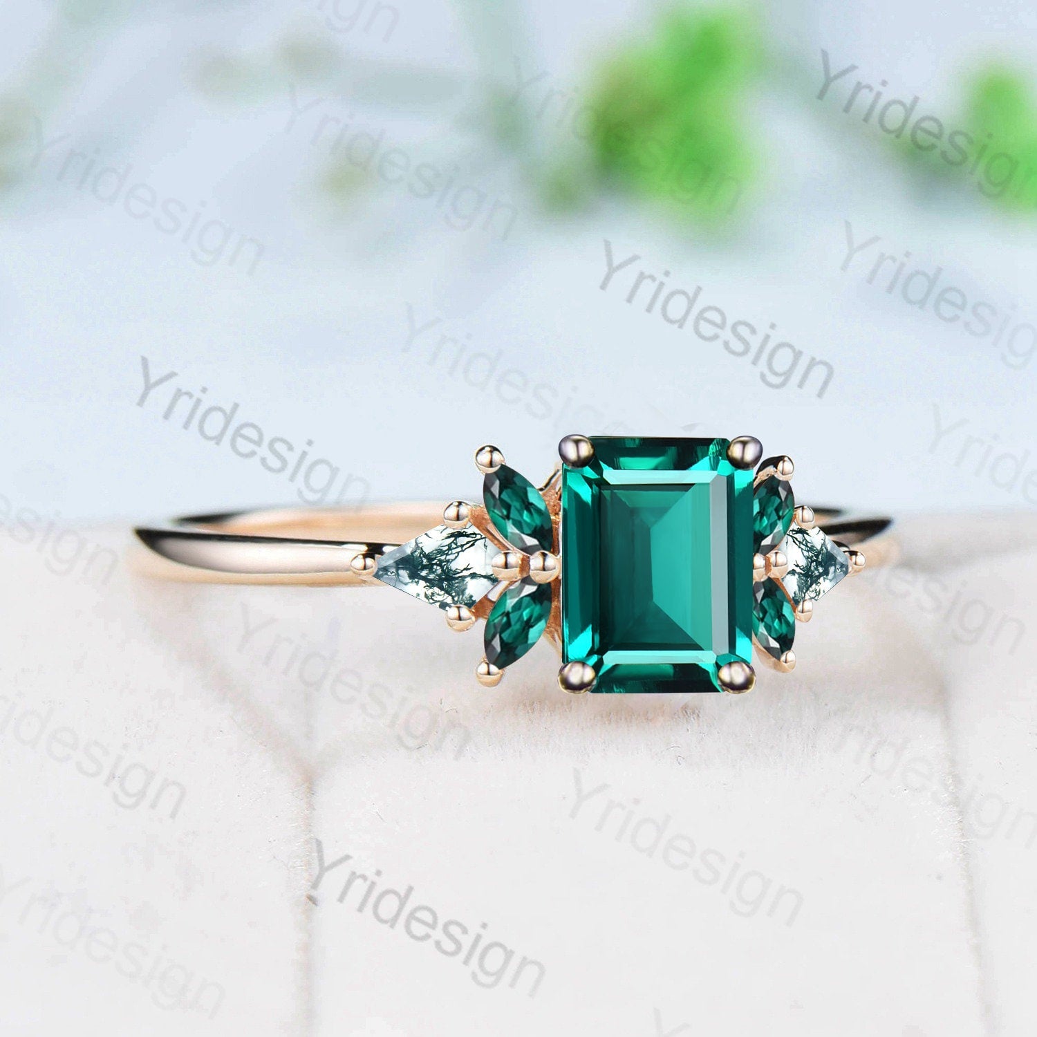 2 Carat Emerald Cut Vintage Style Engagement Ring with Kite Moss Agate - Unique Marquise Wedding Ring for Women, March Birthstone Gift - Perfect for Proposals, Anniversaries & Special Occasions