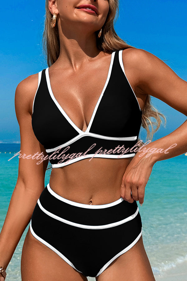 High Waist Solid Color Contrast Stretch Bikini Swimsuit - Sexy & Comfortable Swimwear for Beach, Pool & Summer Vacation