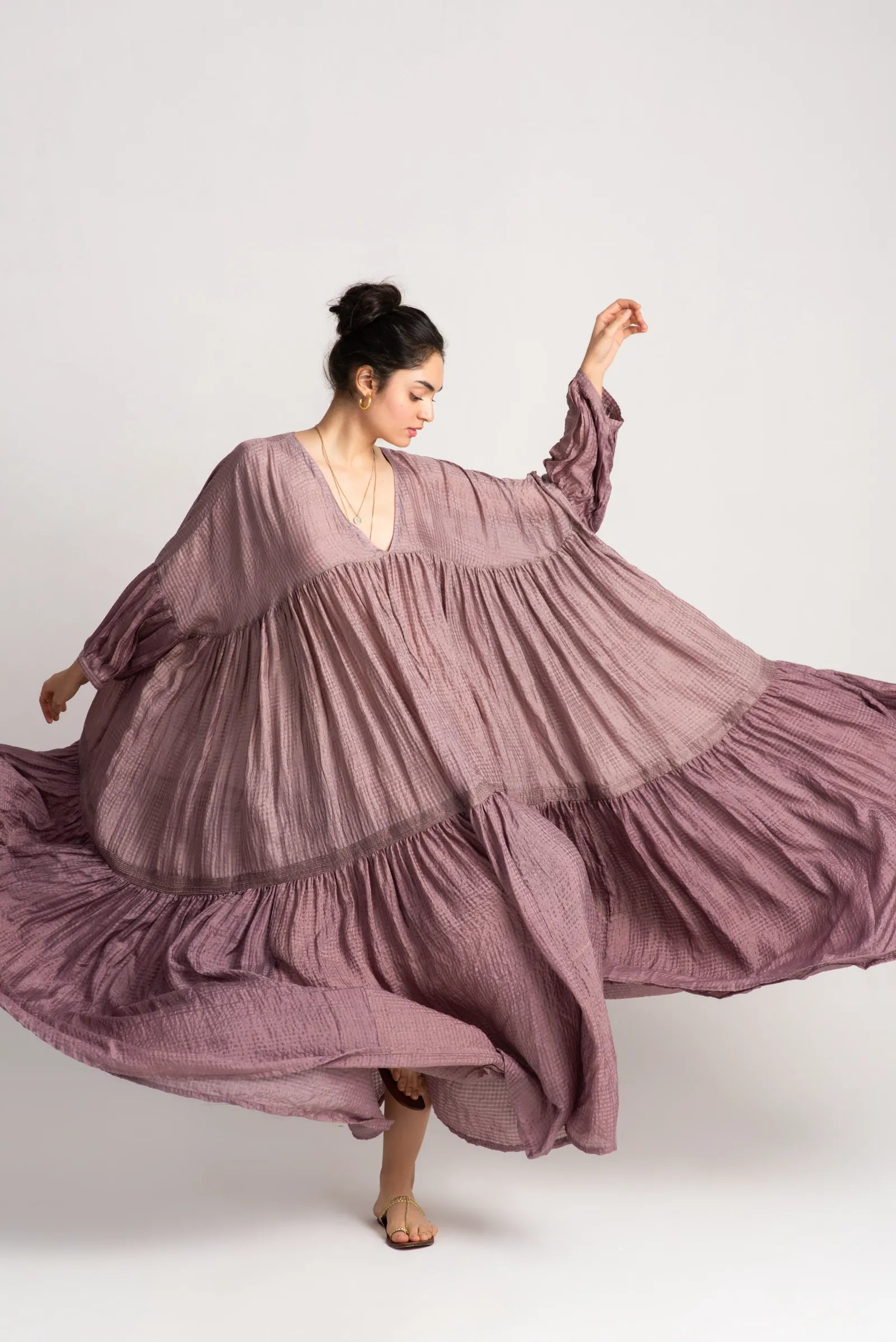 Phillauri Silk Check Dress in Dusty Mauve - Elegant & Comfortable for Weddings, Parties & Special Occasions