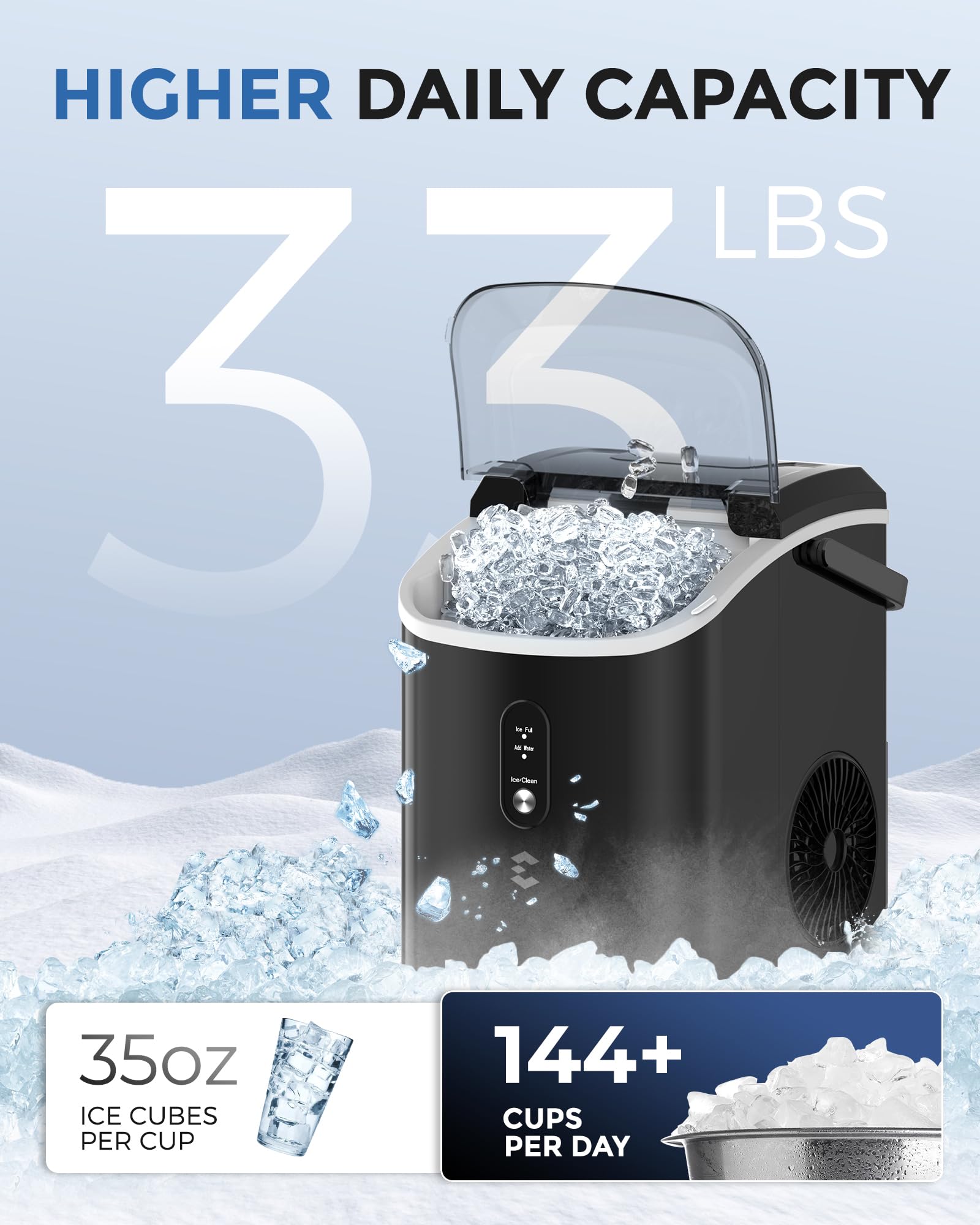 Portable Nugget Ice Maker - 33 lbs/24H Self-Cleaning Countertop Pebble Ice Machine for Home, Kitchen, RV, Camping & Outdoor Use - Perfect for Cocktails, Sodas and Party Drinks