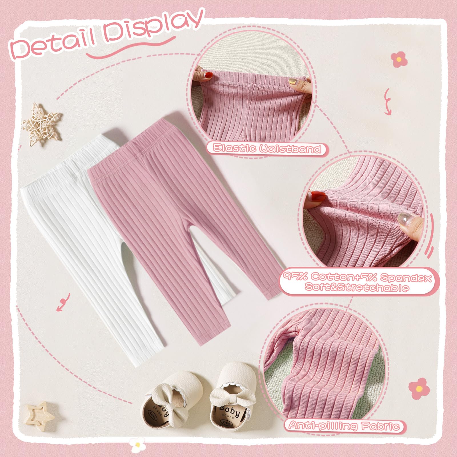 Newborn Baby Girl Pants Leggings - Ribbed Straight Flare Bell Bottoms (5-Pack) | Soft Stretchy Infant Toddler Leggings for Playtime, Daycare & Photo Shoots