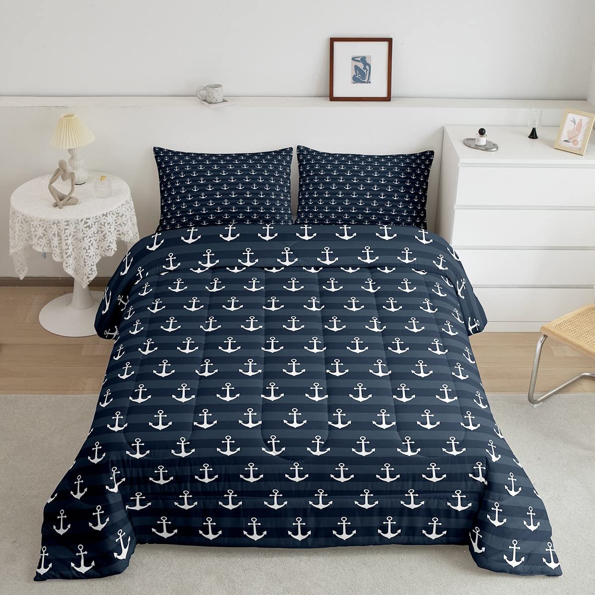 Nautical Anchor Printed Comforter Set Queen Size - Gray Stripes Kids & Adults Bedding, Lightweight Warm Soft (1 Comforter + 2 Pillowcases) - Perfect for Boys' Room Decor, Coastal Theme Bedroom, or Cartoon-Inspired Home Styling
