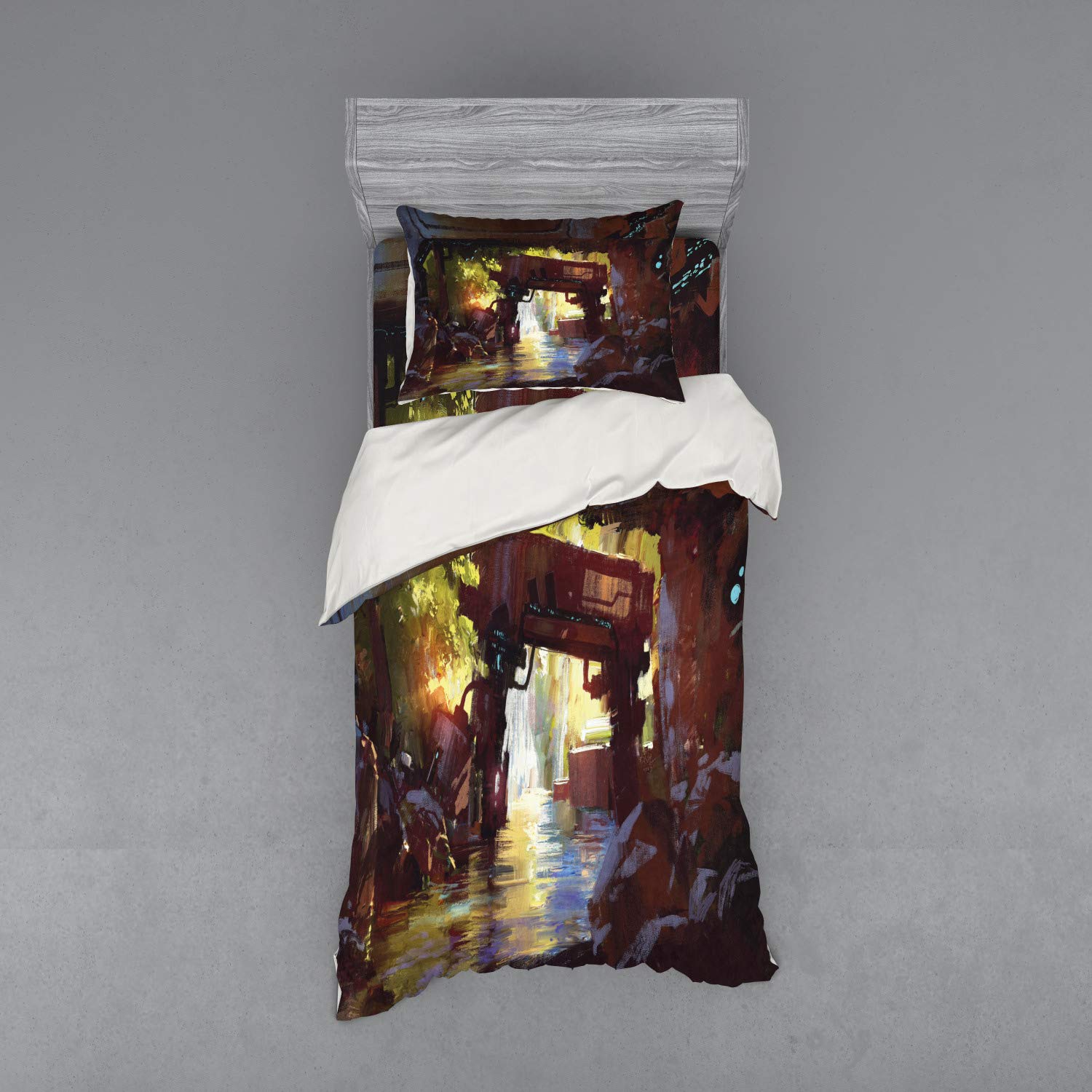 Ambesonne Industrial Bedding Set - Watercolor Art Futuristic Forest & Vintage Machinery Design, 3-Piece Duvet Cover Set with Pillow Sham & Fitted Sheet, Twin Size, Multicolor - Perfect for Modern Bedrooms, Guest Rooms & Dorm Decor