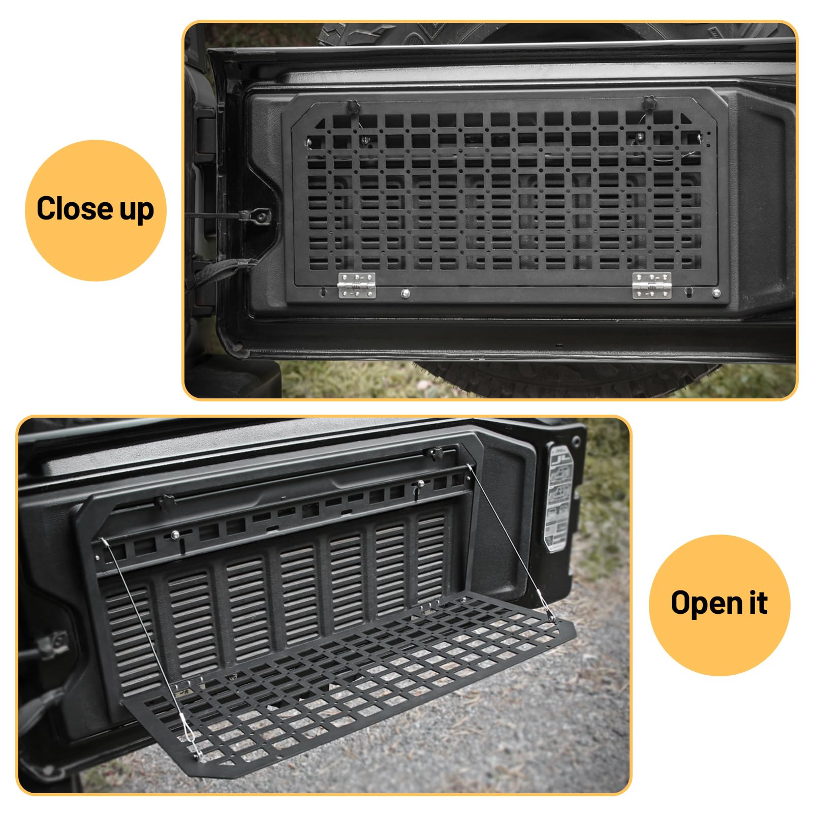Foldable Tailgate Table & MOLLE Panel Storage Rack for 2017-2024 Jeep Wrangler JKU/JL/JLU - Rear Cargo Organizer with 3 Storage Bags (Not Compatible with Low Speaker JK Models) - Perfect for Camping, Off-Roading & Outdoor Adventures