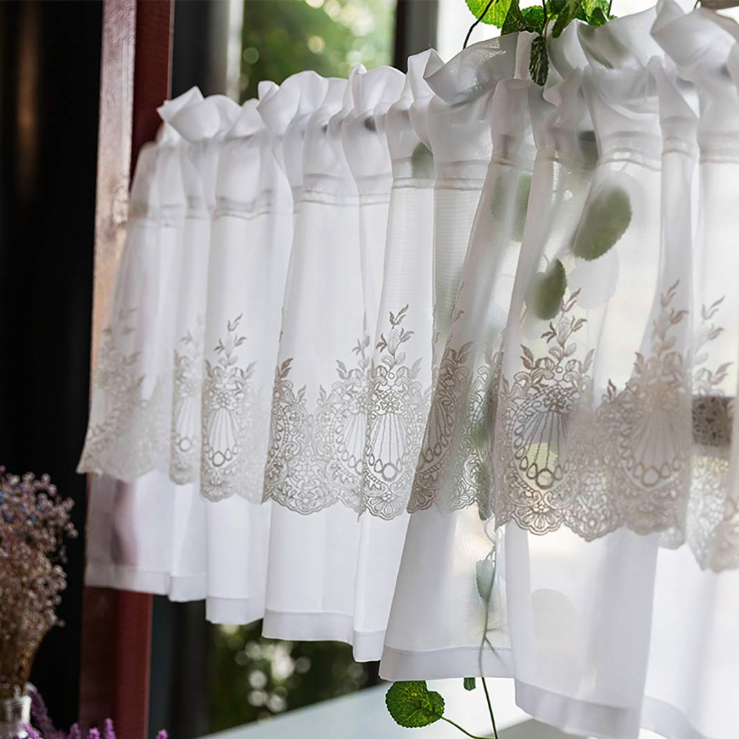 Lace Embroidery Half Kitchen Curtains - White Cafe Short Curtains with Rod Pocket, 1 Piece - Perfect for Kitchen Windows, Living Room & Small Spaces