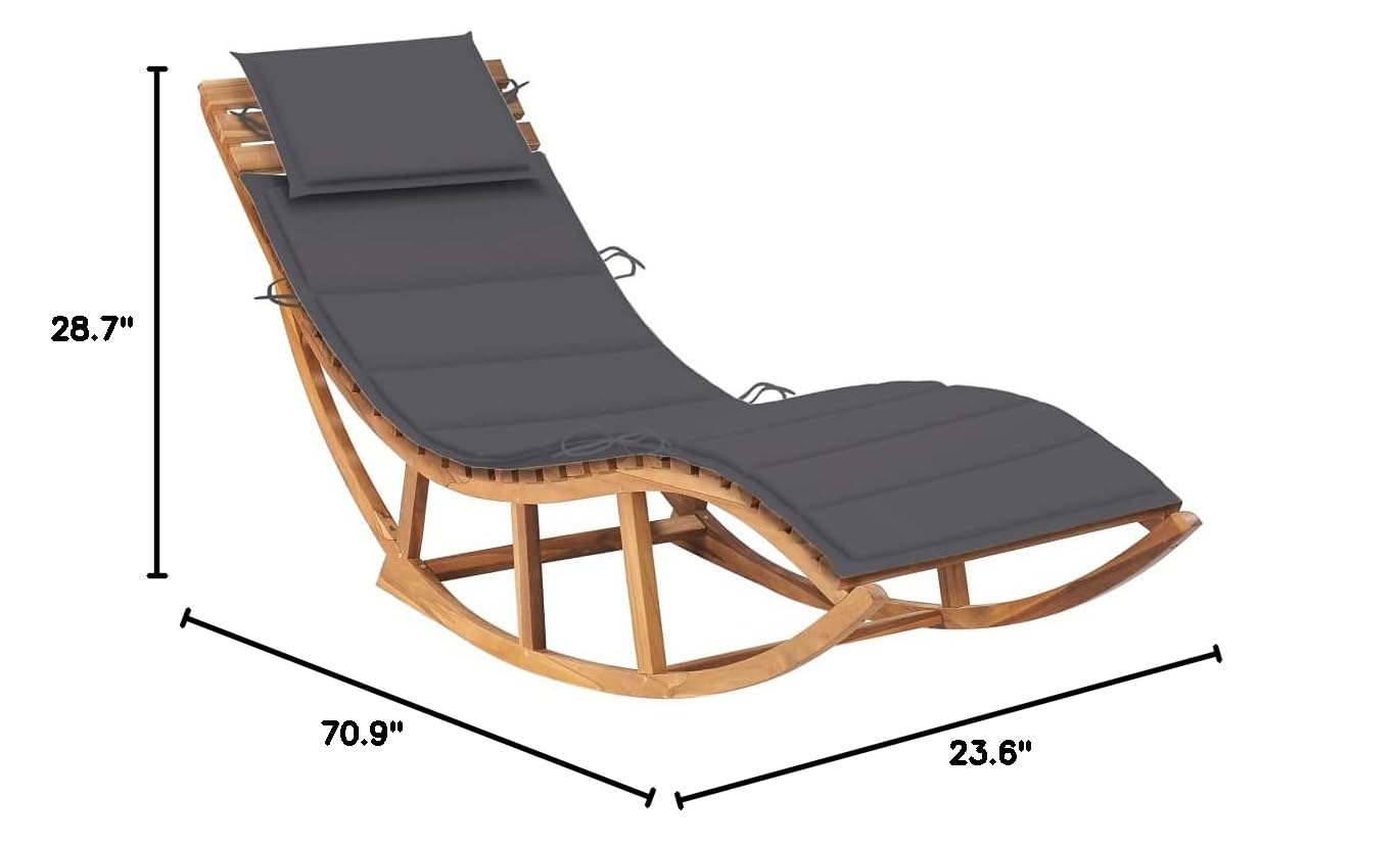 Premium Teak Wood Rocking Sun Lounger with Anthracite Cushion - Adjustable Reclining Outdoor Lounge Chair for Patio, Garden, Beach, Poolside & Backyard Relaxation | Perfect for Sunbathing, Tanning & Lounging in Style