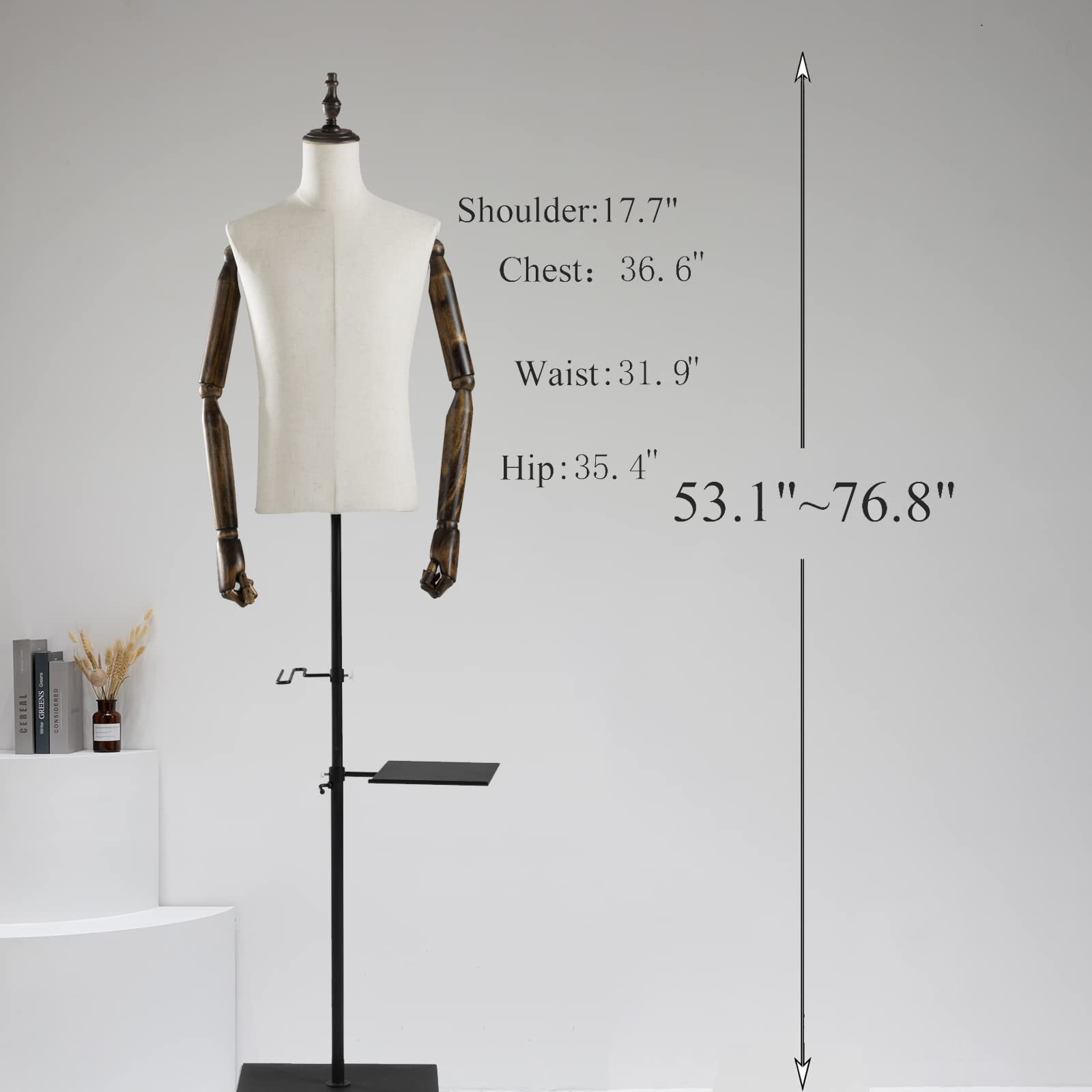 Adjustable 53-76 Inch Male Dress Form Mannequin with Wooden Arms & Metal Stand - Detachable Trousers Rack & Shoe Holder - Pinnable Torso for Clothing Display | Perfect for Retail Stores, Tailoring Shops & Fashion Design Studios