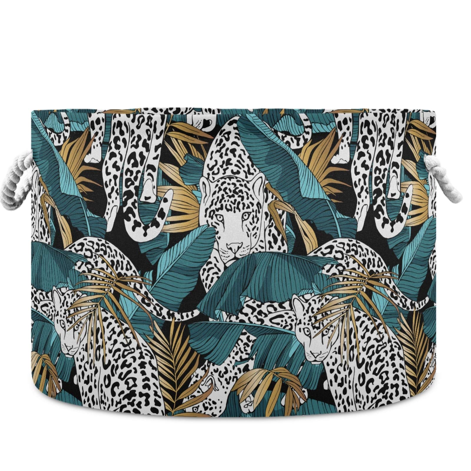 Visesunny Collapsible Large Capacity Storage Basket - Leopard Gold Palm Leaf Design with Durable Cotton Handles | Perfect for Clothes, Toys, Laundry Organization in Bathroom, Bedroom, Nursery & Closet | Space-Saving Home Organizer Solution for Small Spaces