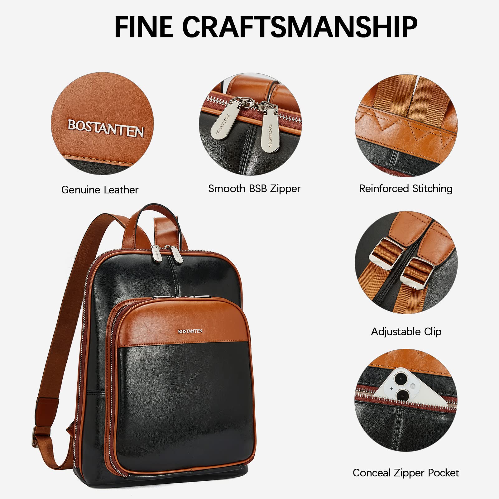 BOSTANTEN Genuine Leather Backpack Purse for Women - Stylish Laptop Backpack, College School Bag, Travel Backpack, Work Commuter & Everyday Use