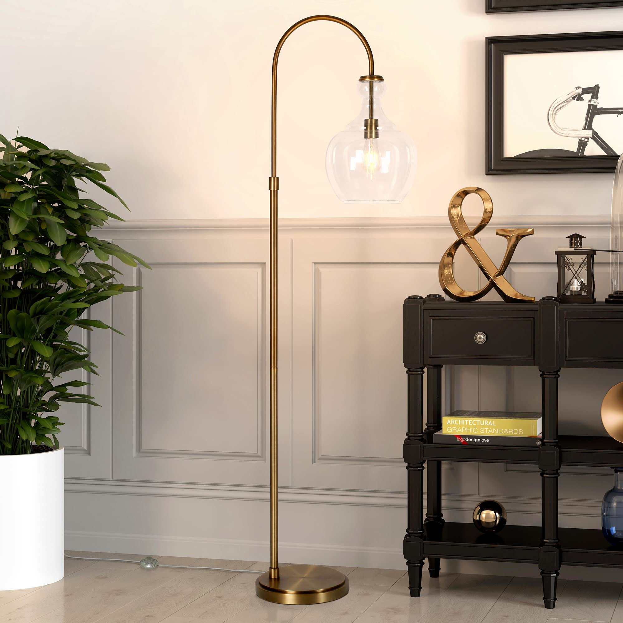 Henn&Hart Arc Floor Lamp with Glass Shade in Brass/Clear - Modern Adjustable Standing Light for Home Office, Bedroom & Living Room - Perfect for Reading, Working & Ambient Lighting