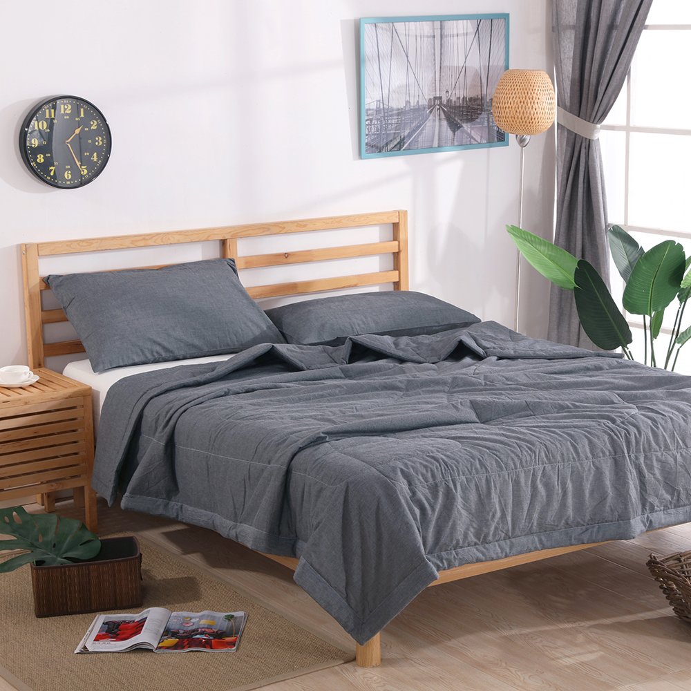 NTCOCO 3-Piece King Size Comforter Set - 100% Washed Cotton Lightweight Summer Quilt | Breathable, Machine Washable & Ultra Soft Bedding | Perfect for Hot Sleepers & Naked Sleepers (Grey) | Ideal for Guest Rooms, Dormitories & Summer Nights
