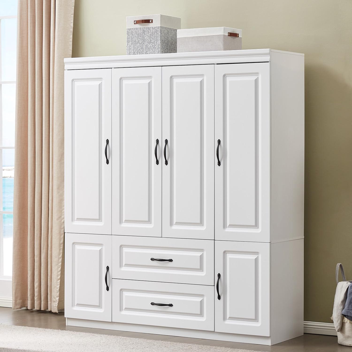 4-Door Armoire Wardrobe Closet with 2 Drawers & Hanging Rail - Tall Bedroom Storage Cabinet with Metal Handles, White - Perfect for Master Bedroom, Guest Room, and Apartment Organization