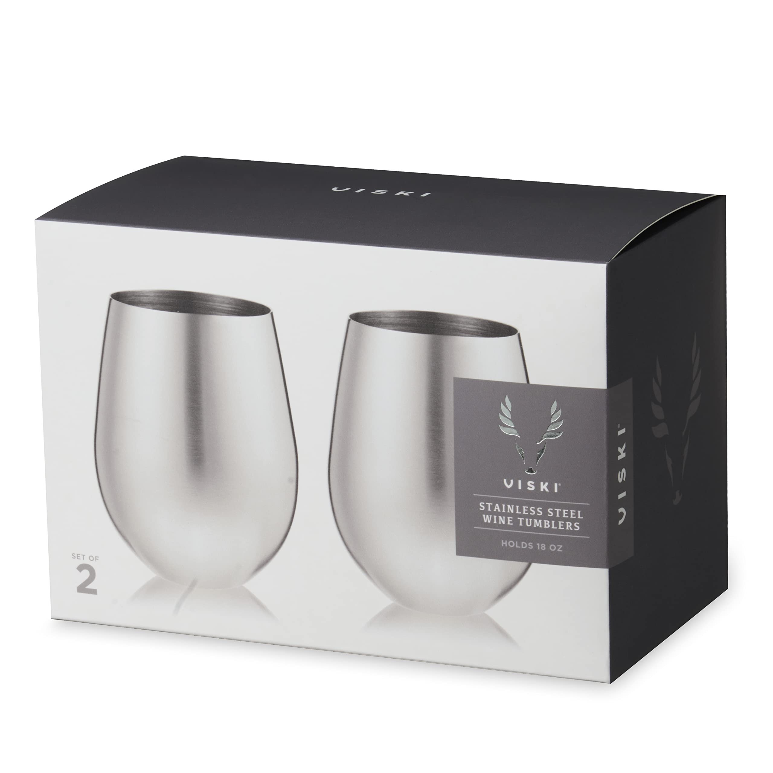 Viski 18oz Stainless Steel Wine Tumbler Set of 2 - Stemless Wine Glasses with Double Wall Insulation for Hot & Cold Drinks - Perfect for Parties, Picnics, and Home Entertaining