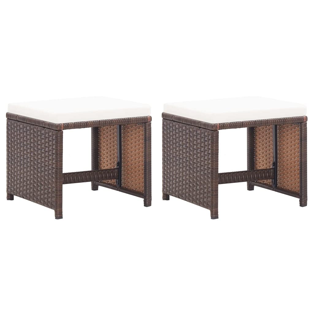 SKM 2-Piece Brown Poly Rattan Patio Stools with Cushions - Outdoor Garden, Poolside, or Balcony Seating Furniture for Relaxation