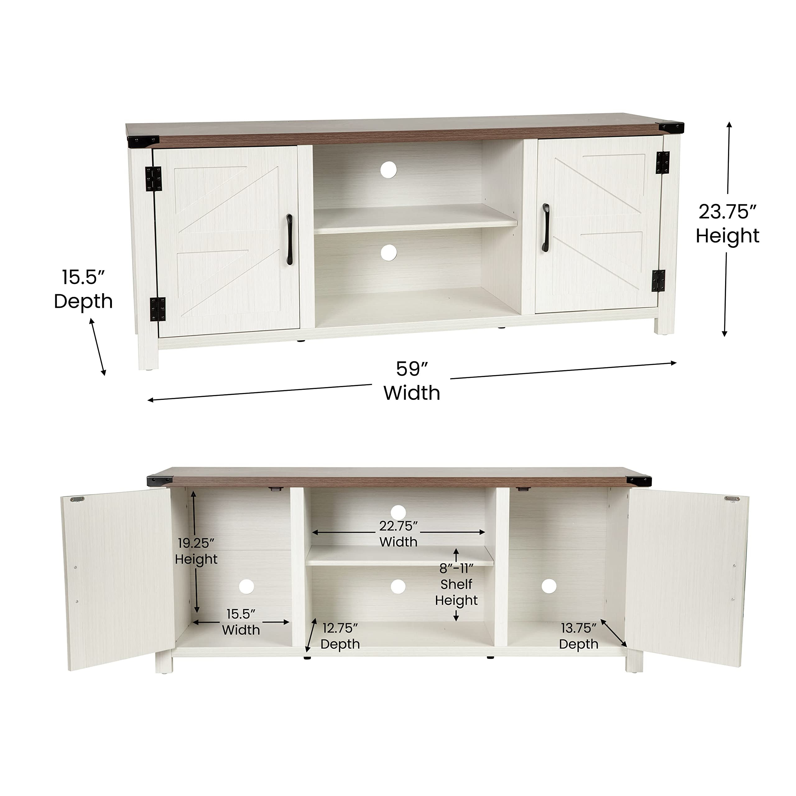 Modern Farmhouse Barn Door TV Stand - White Wash 59 Inch Entertainment Center for 65 Inch TVs - Adjustable Middle Shelf - Perfect for Living Room, Bedroom & Home Theater Decor