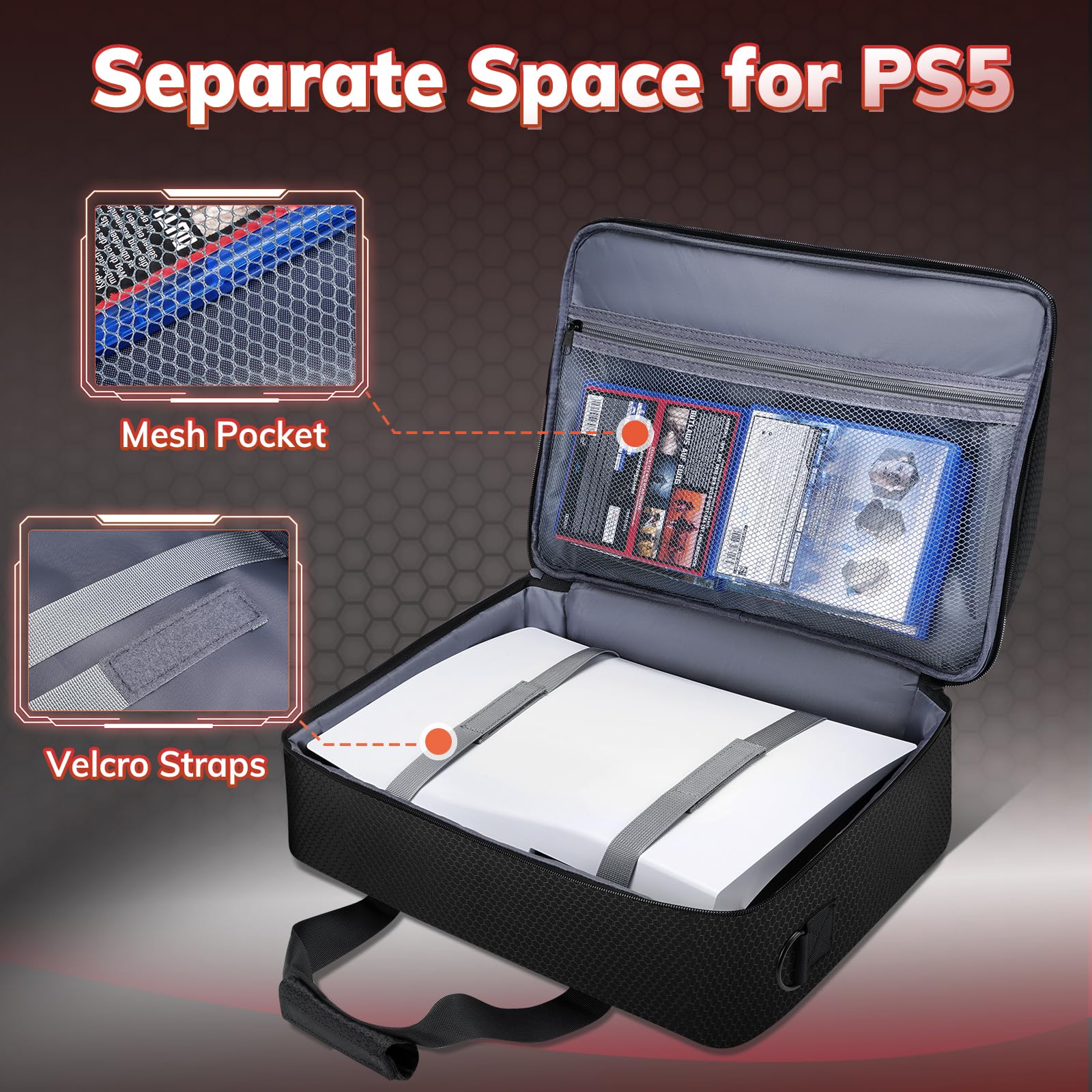 Deegotech PS5/PS5 Pro Travel Carrying Case - Protective Storage Bag for Playstation 5 Console, Disc, Controllers & Accessories | Large Capacity Gaming Organizer | Perfect for Travel, Storage & Protection (Black)