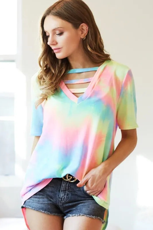 BiBi Tie Dye V-Neck Short Sleeve T-Shirt for Women | Soft Cotton Casual Tee | Summer Fashion & Beach Outfit