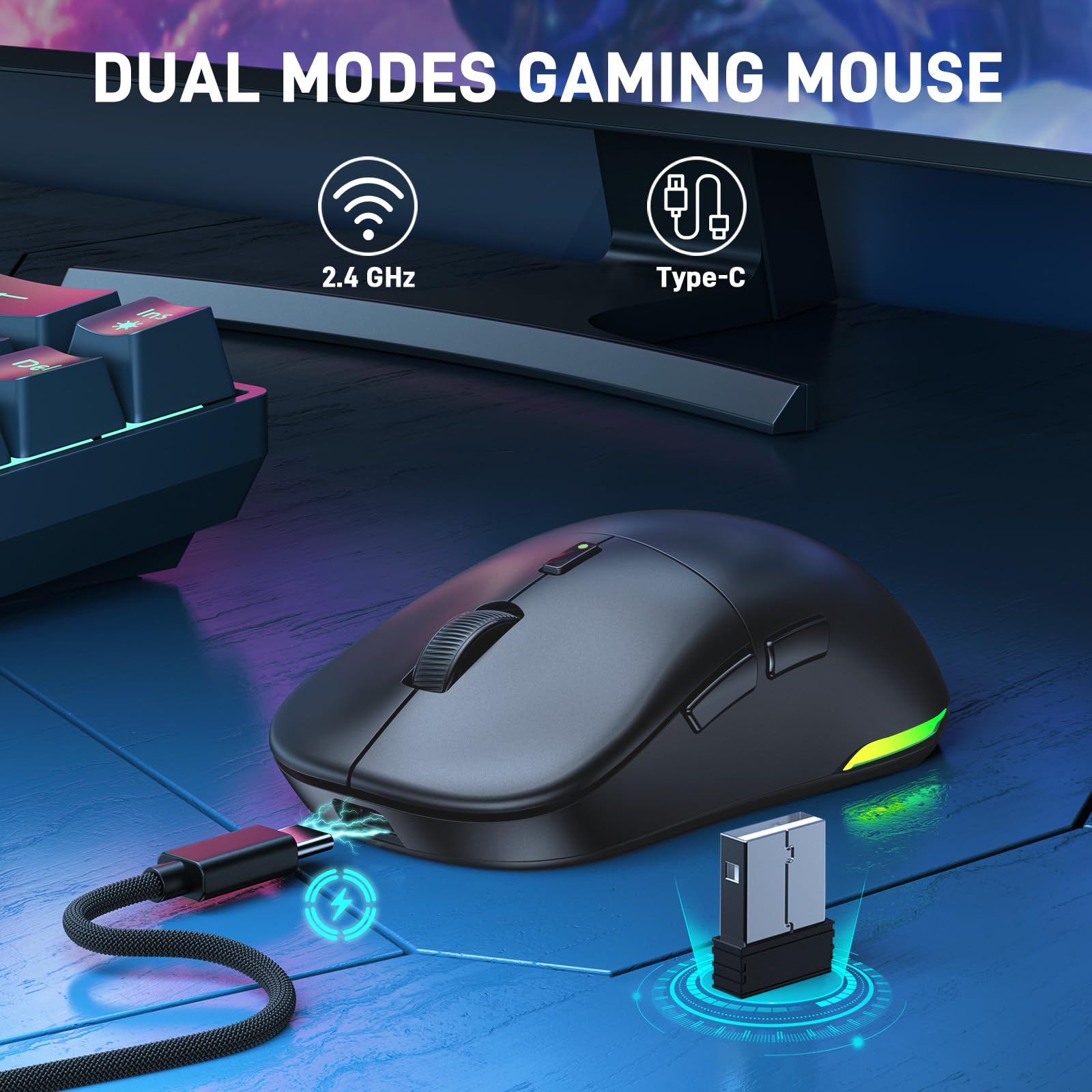 UHURU Wireless Gaming Mouse - 26000 DPI High Precision, RGB Backlit, 70H Battery Life, 2.4GHz & Wired Connection, 6 Programmable Buttons for PC/Mac (Black) - Perfect for FPS, MMO Gaming & Office Work