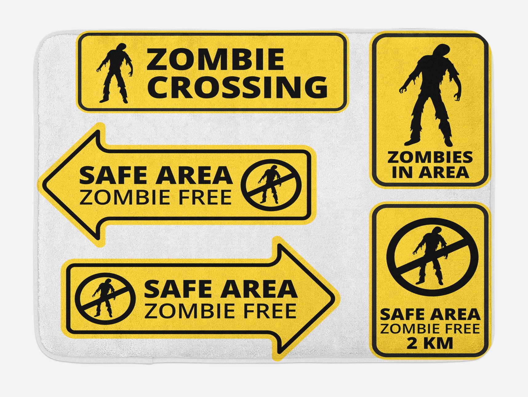 Ambesonne Zombie Horror Movie Bath Mat - Non-Slip Plush Bathroom Rug with Caution Sign Design, 30.2 x 20 Inches, Yellow & Black - Perfect for Halloween Decor, Horror Fan Gifts & Themed Bathroom Accessories