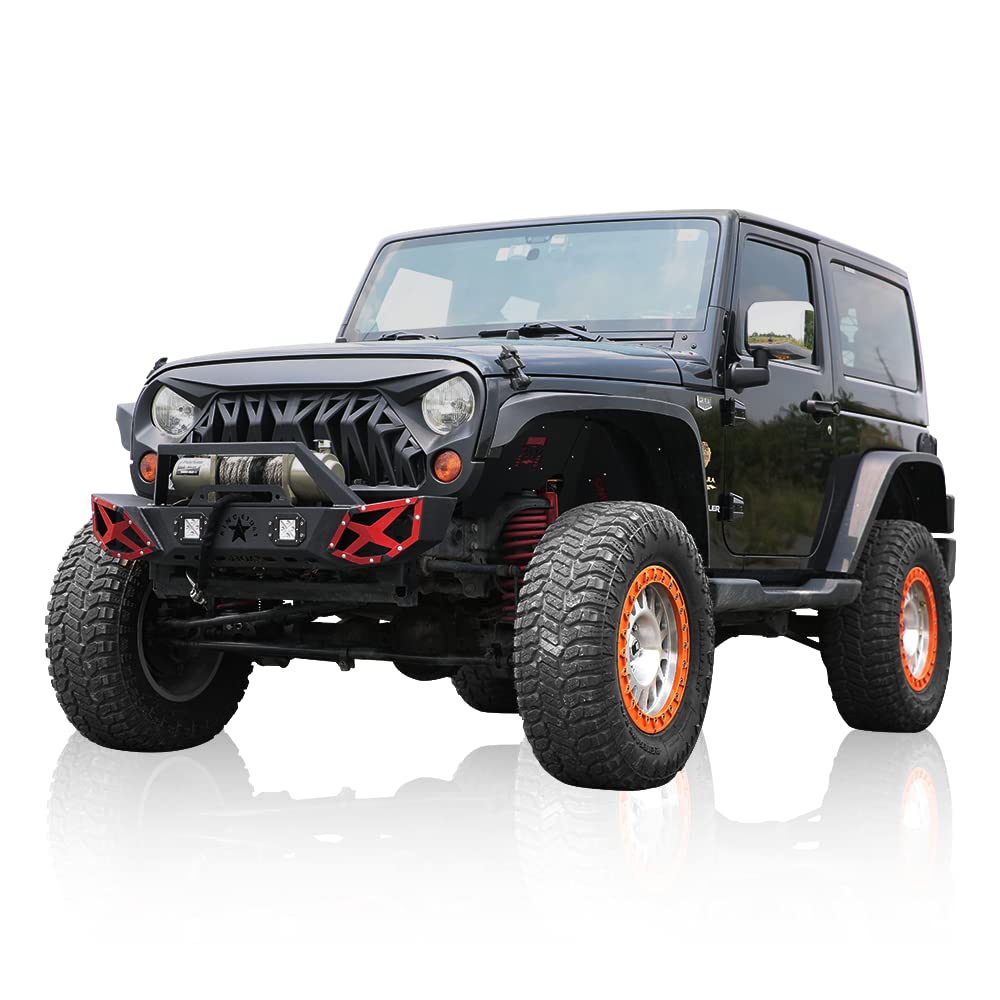 Stubby Front Bumper for Jeep Wrangler JK 2007-2018 (2/4 Door & Unlimited) with 2 LED Fog Lights & Winch Plate - Heavy Duty Steel, Textured Powder Coat - Perfect for Off-Roading & Trail Adventures