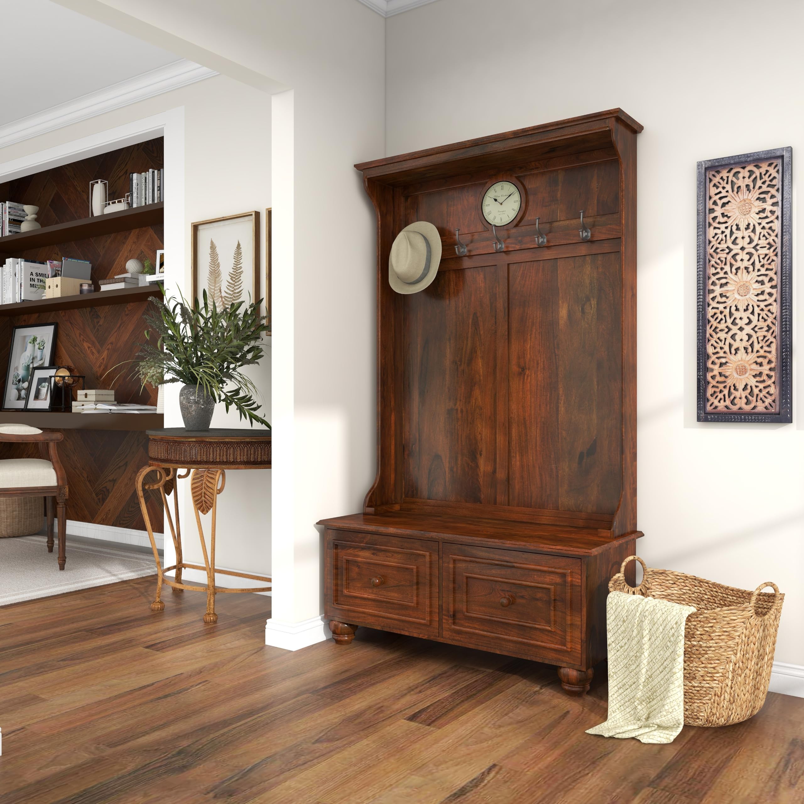 Deco 79 Wooden Coat Rack with Clock & 8 Hooks - 46