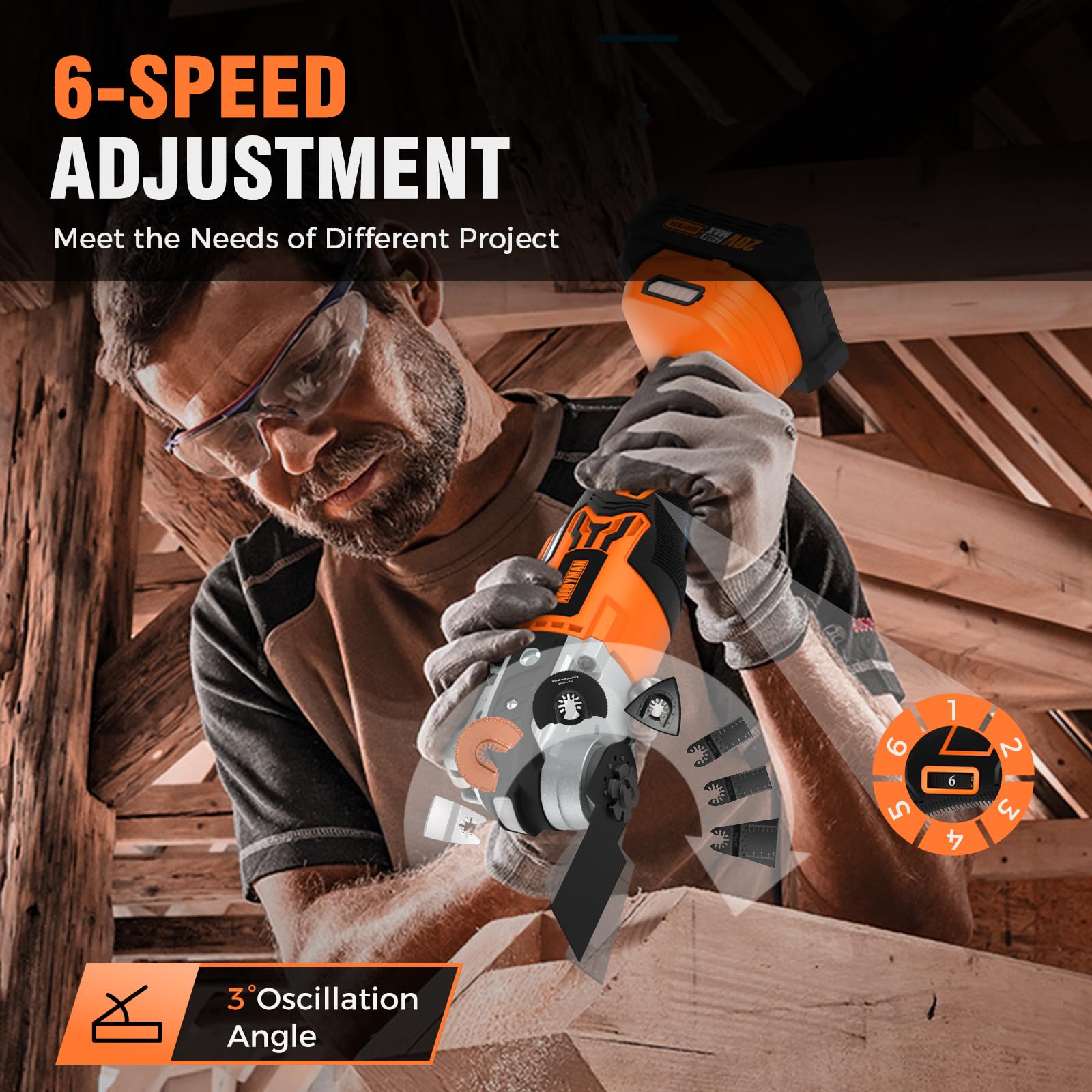 Alloyman 20V Cordless Brushless Oscillating Multi-Tool Kit - 19000OPM, 6-Speed Adjustable, Quick-Change Accessories, LED Light, 2000mAh Battery with 24-Piece Accessories for Cutting, Grinding, Sanding - Perfect for DIY Projects, Home Renovation, and Professional Woodworking