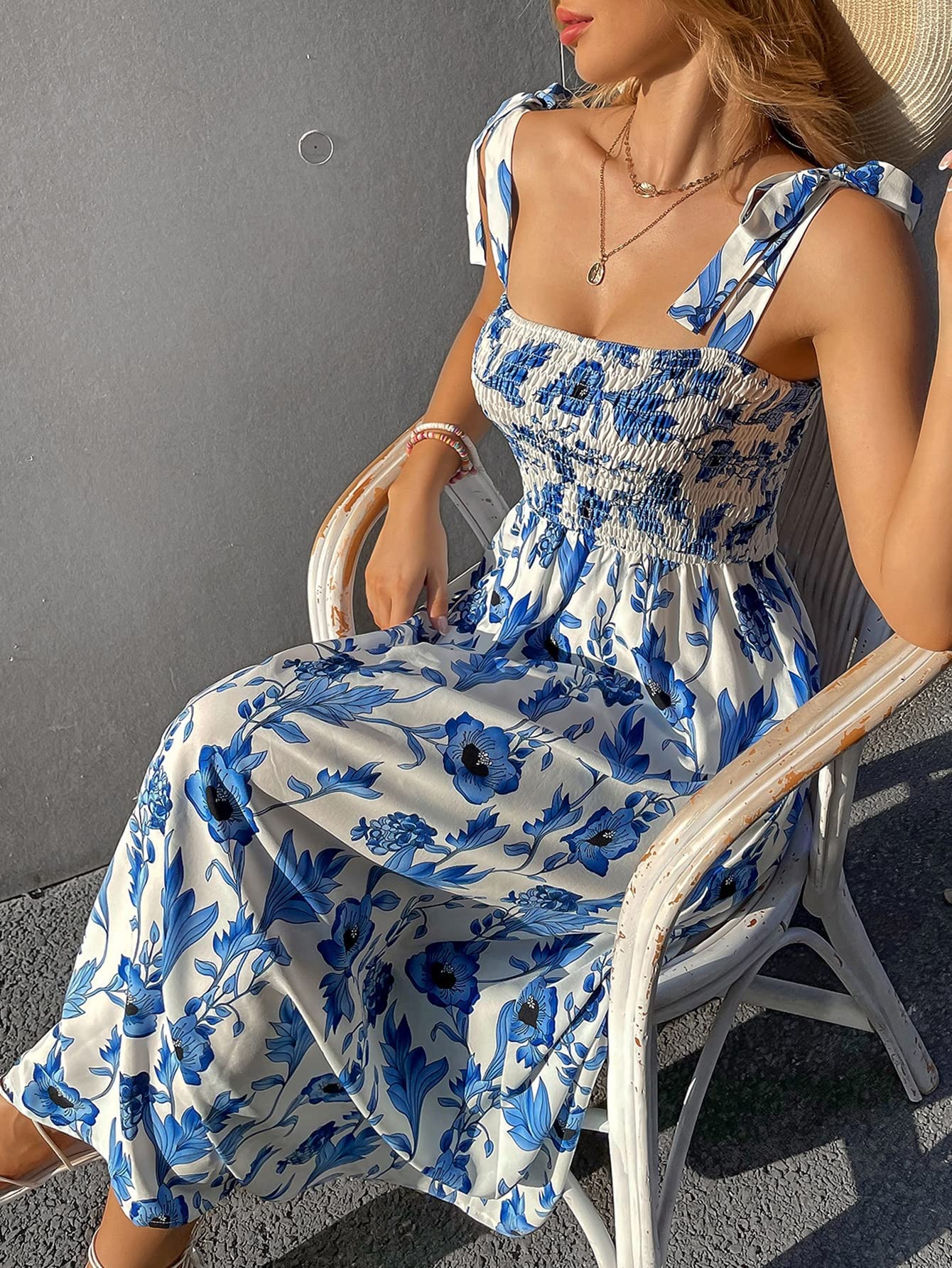 MakeMeChic Women's Floral Maxi Dress - Blue & White Summer Beach Dress 2025 | Long Sundress for Vacation, Pool Party & Outdoor Date Night