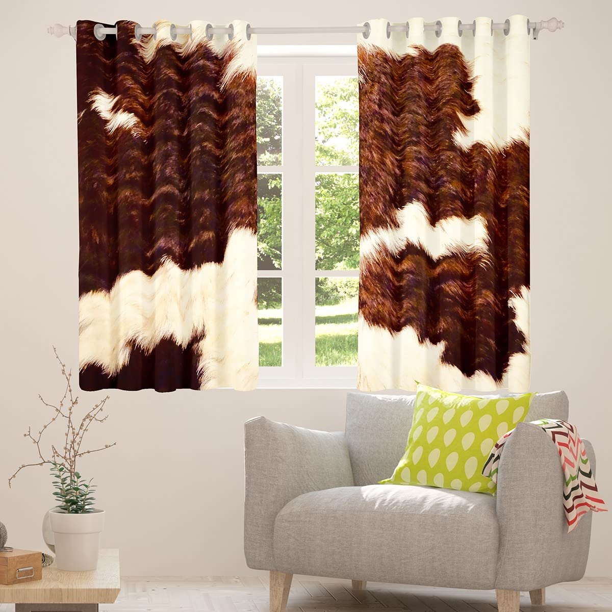 Erosebridal Cow Fur Curtains 42x90 Inches - Brown & White Western Cowhide Window Drapes for Bedroom & Living Room | Rustic Farmhouse Decor, Aztec Animal Print Window Treatments (2 Panels) - Perfect for Western Theme, Ranch Style Homes & Bohemian Interior Design