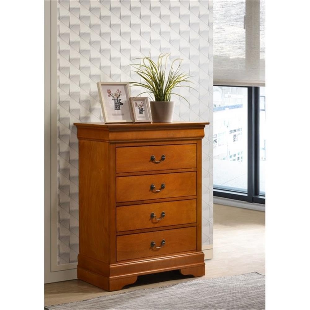 Glory Furniture Louis Phillipe Wood Veneer 4-Drawer Chest in Oak - Elegant Bedroom Storage Solution for Home Organization