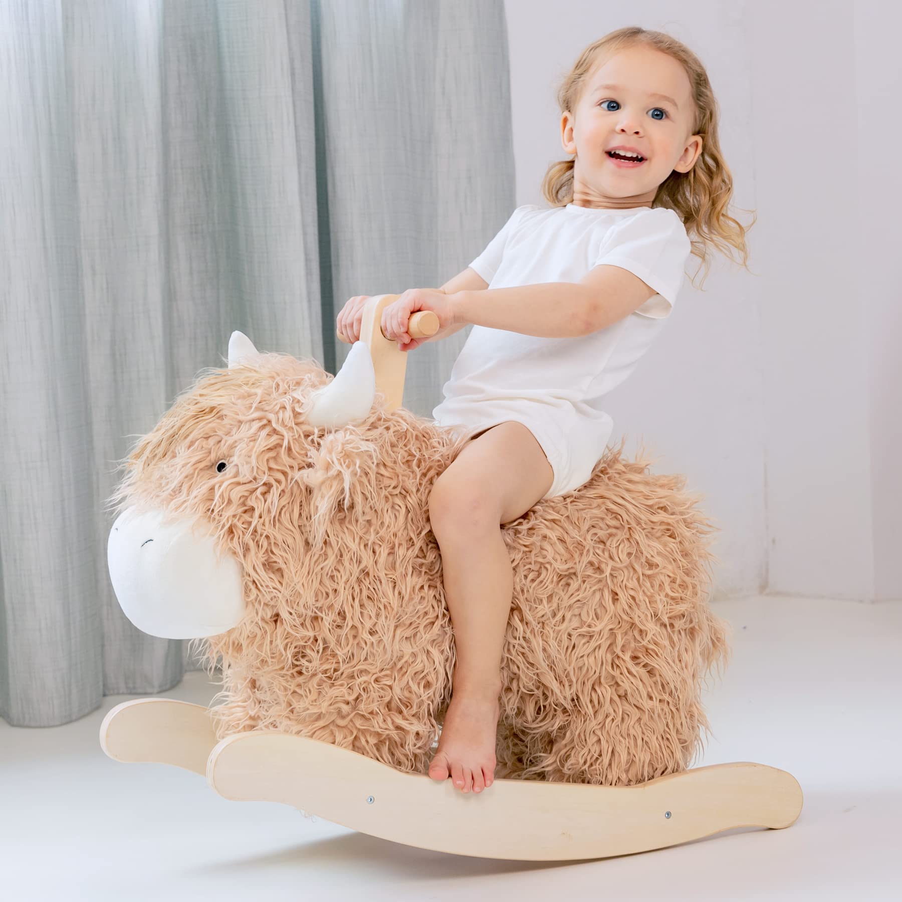 Wooden Rocking Horse Toy for 1-2 Year Old Boys & Girls - Natural Cow/Yak Design with Wicker Plush Seat - Safe Toddler Ride-On Toy for Nursery, Playroom & Birthday Gifts - Perfect for Early Childhood Development & Pretend Play