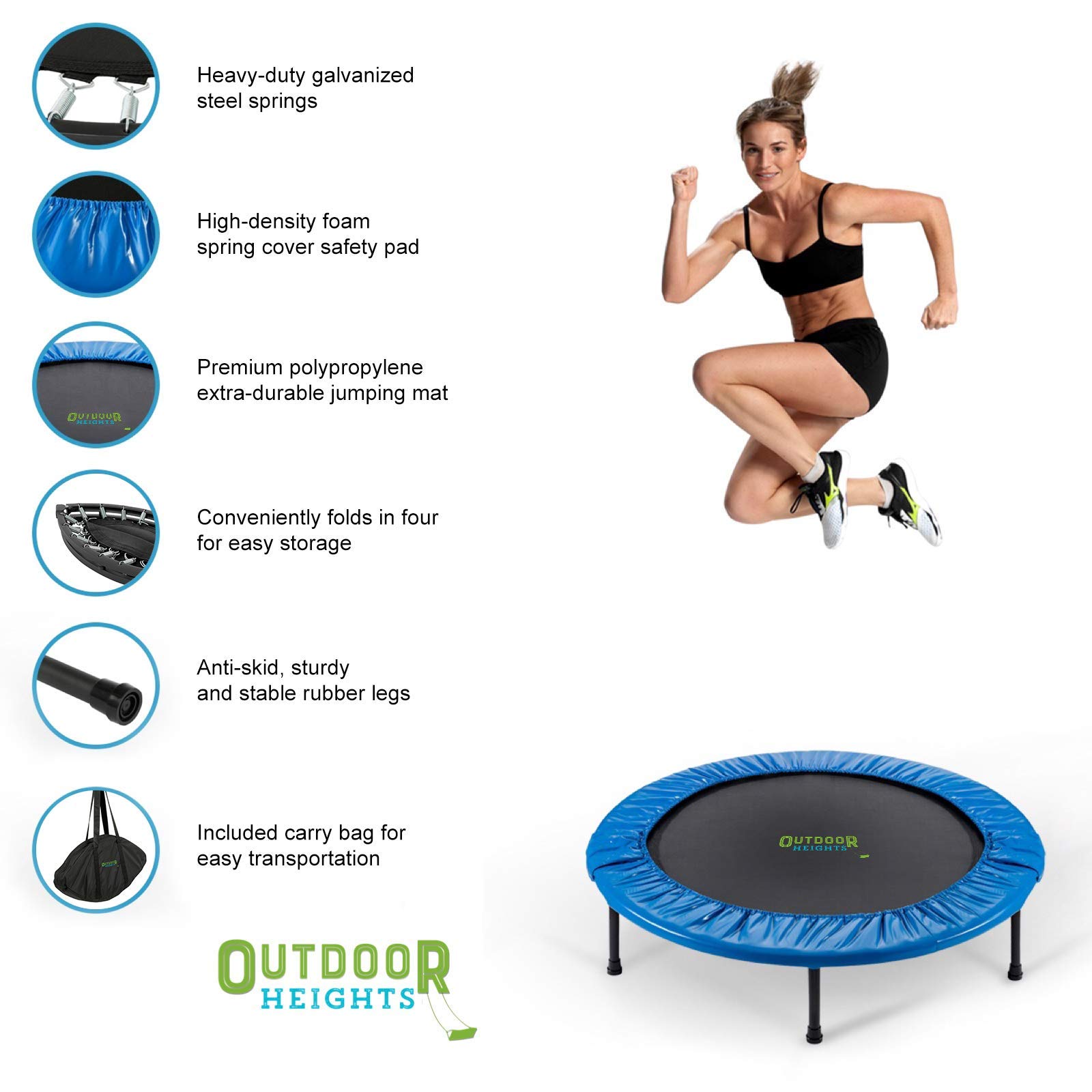 Foldable Mini Trampoline for Adults & Kids - Exercise Fitness Rebounder with Handle & Pre-Attached Springs - Indoor/Outdoor Workout Equipment for Home Gym, Weight Loss & Family Fun
