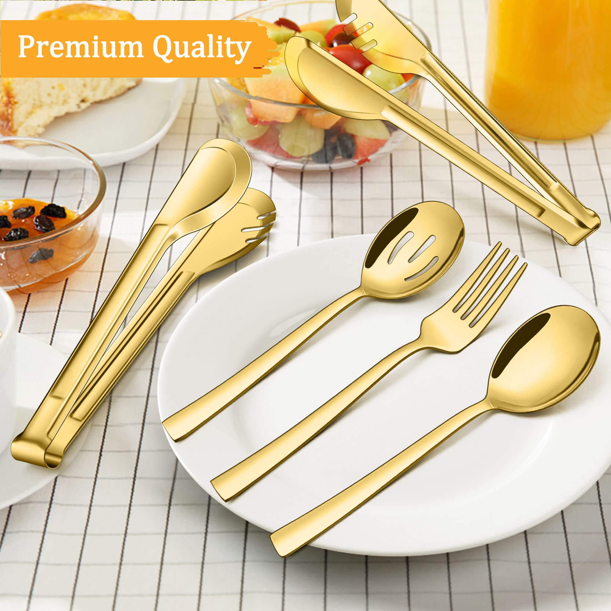 Premium 8-Piece Stainless Steel Serving Utensil Set - Gold Mirror Finish Serving Spoons, Slotted Spoons, Forks & Tongs for Buffet, Party, Banquet - Dishwasher Safe Kitchen Tools for Entertaining & Catering