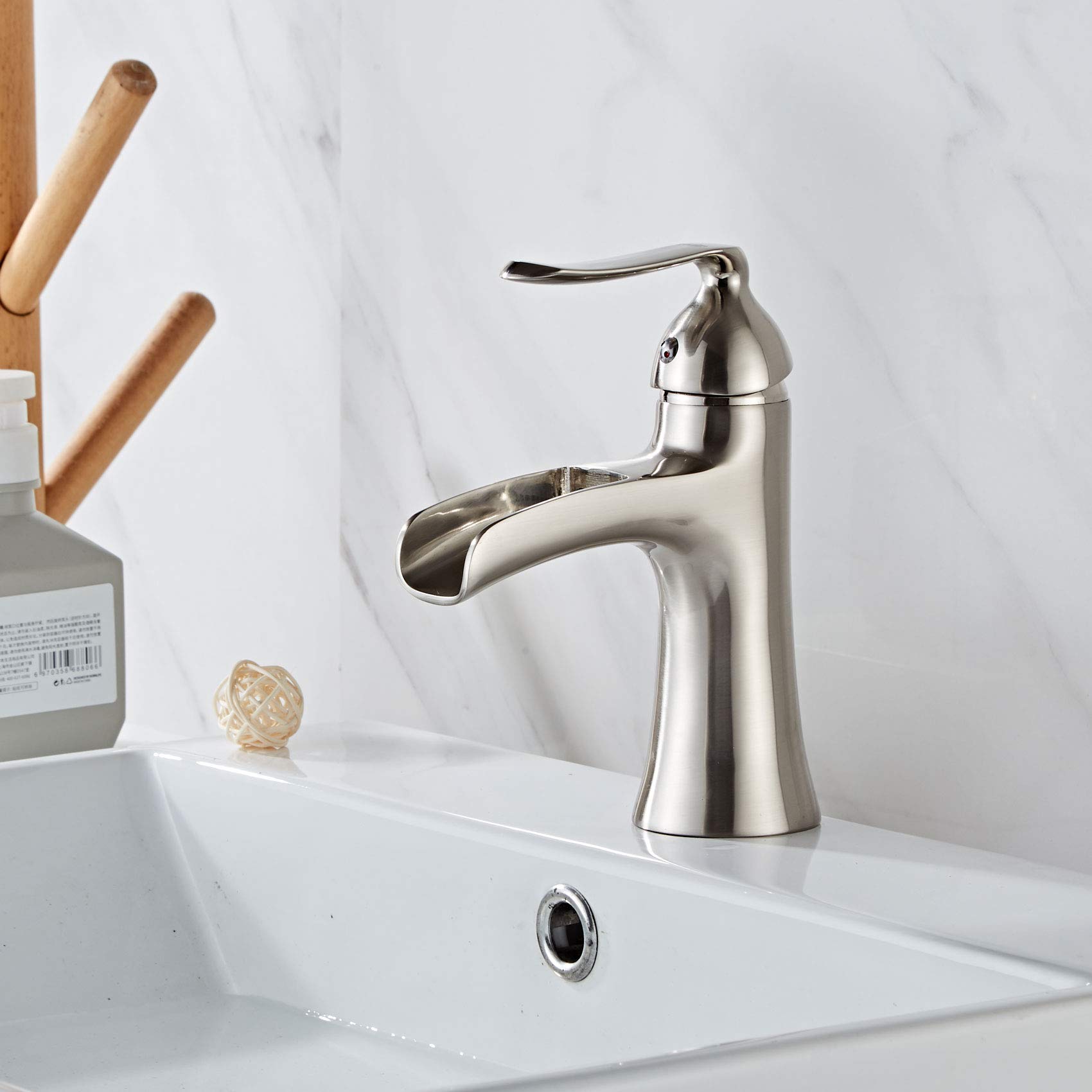 Brushed Nickel Waterfall Bathroom Sink Faucet - Single Handle Single Hole Lavatory Faucet with Supply Hose & Cover Plate - Commercial Basin Mixer Tap for Modern Bathroom & Powder Room