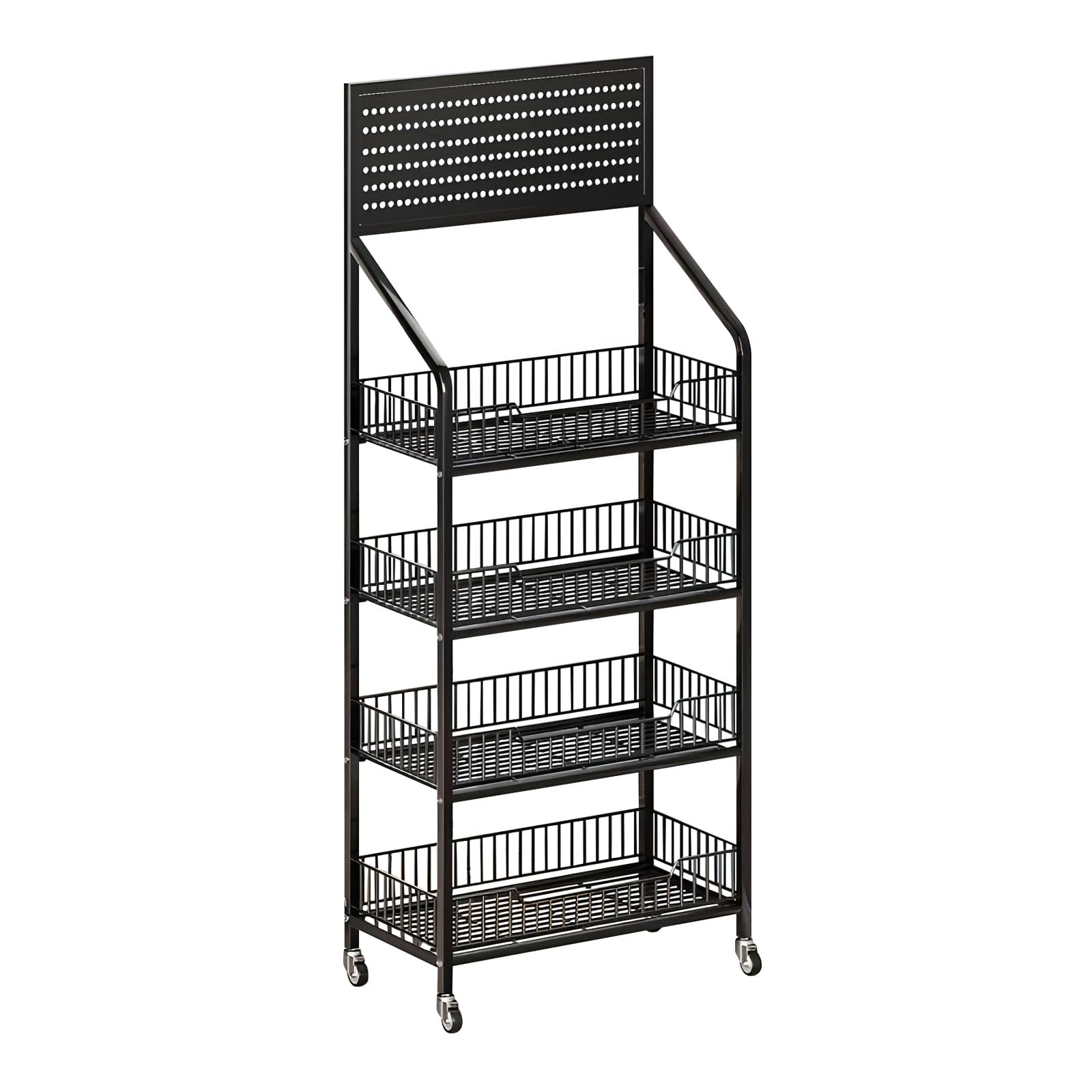 4 Tier Supermarket Snack Rack Display Stand - Free-Standing Black Metal Retail Shelves with 12 Hooks & 4 Wheels - Large Commercial Snack Shelf for Convenience Stores, Grocery Shops & Supermarkets - Perfect for Candy, Chips & Snack Organization