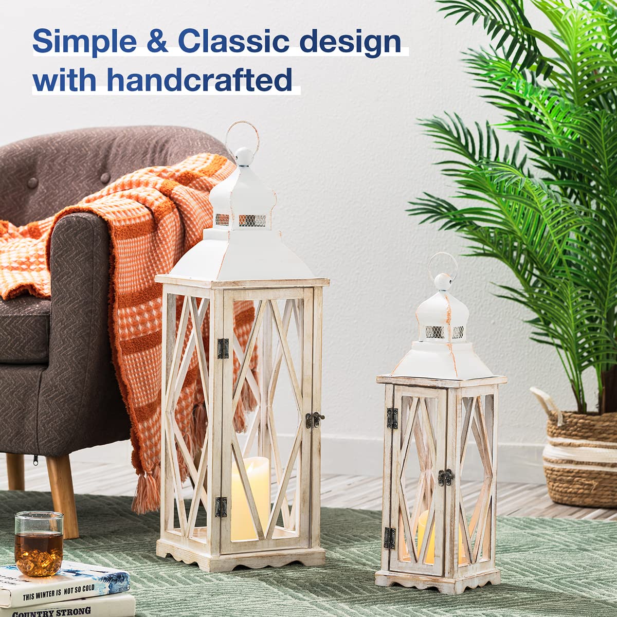 Glitzhome Farmhouse White Wood and Metal Hanging Candle Lanterns - Set of 2 Rustic Home Decor for Indoor/Outdoor, Patio, Garden, Wedding & Holiday Decorations
