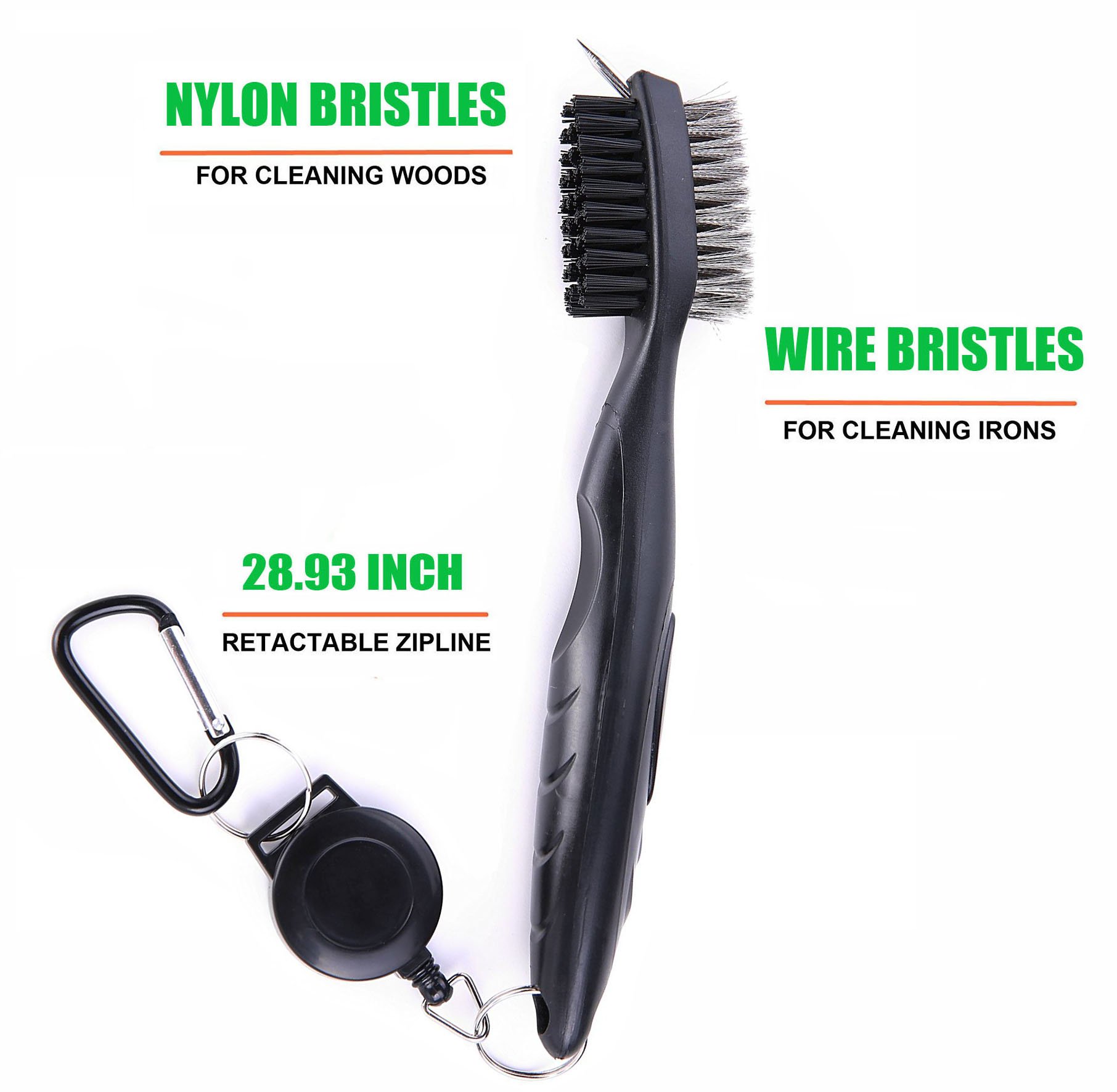 2 Ft Retractable Golf Club Brush & Groove Cleaner Set with Aluminum Carabiner - Perfect for Cleaning All Golf Irons & Clubs | On-Course & Home Practice Use