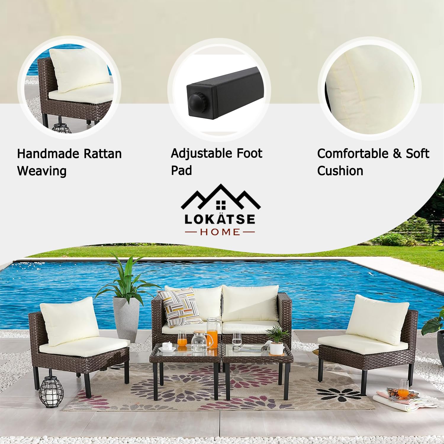 LOKATSE HOME 6-Piece All-Weather Outdoor Patio Furniture Set - Brown Wicker Rattan Sofa Chairs with Beige Cushions & Glass Coffee Table - Perfect for Garden, Poolside, and Backyard Relaxation