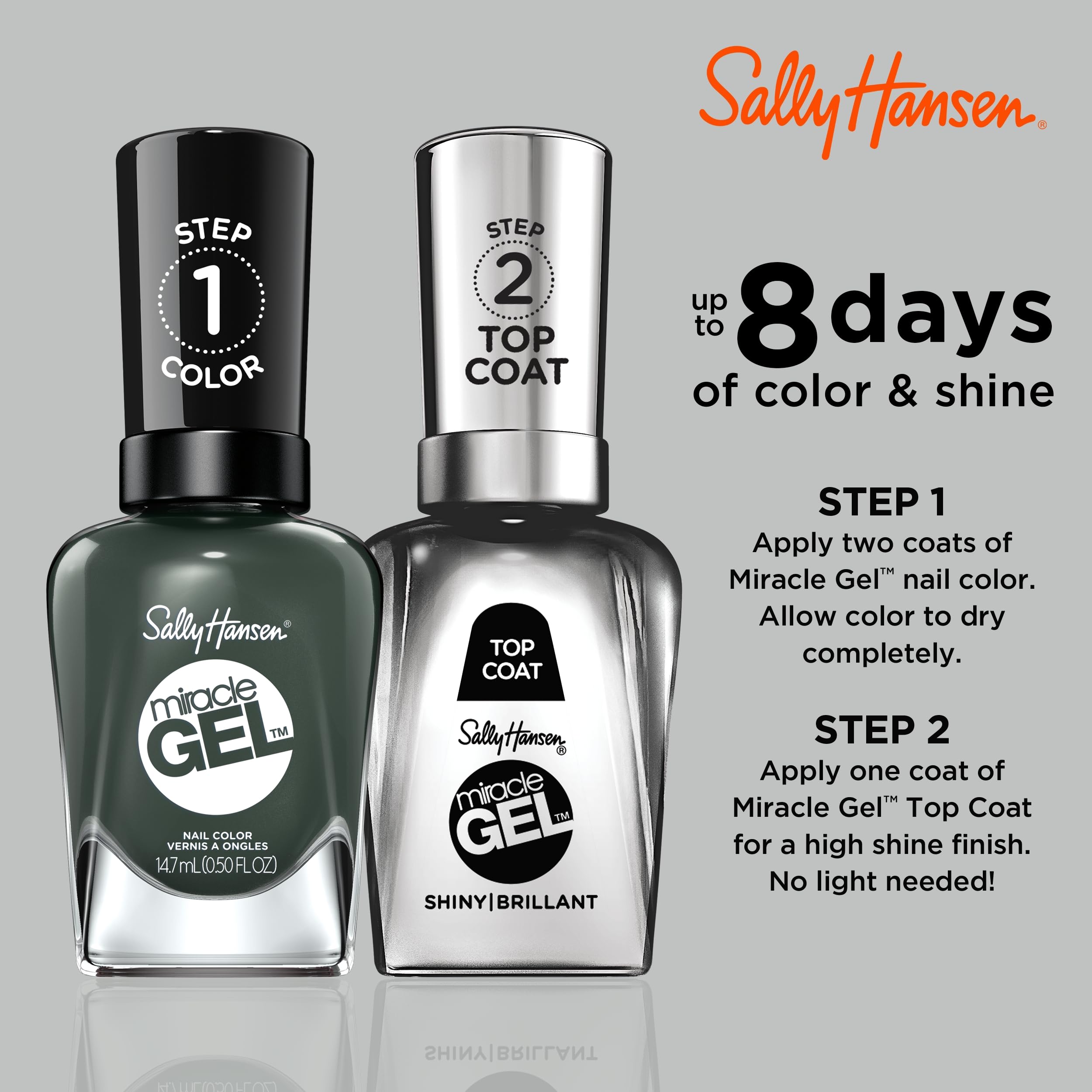 Sally Hansen Miracle Gel™ Nail Polish - Leaf Me Be Green, Long-Lasting Gel-Like Formula, No UV Lamp Needed, Vegan & Cruelty-Free (Perfect for Spring/Summer Nails, Manicures & Pedicures)