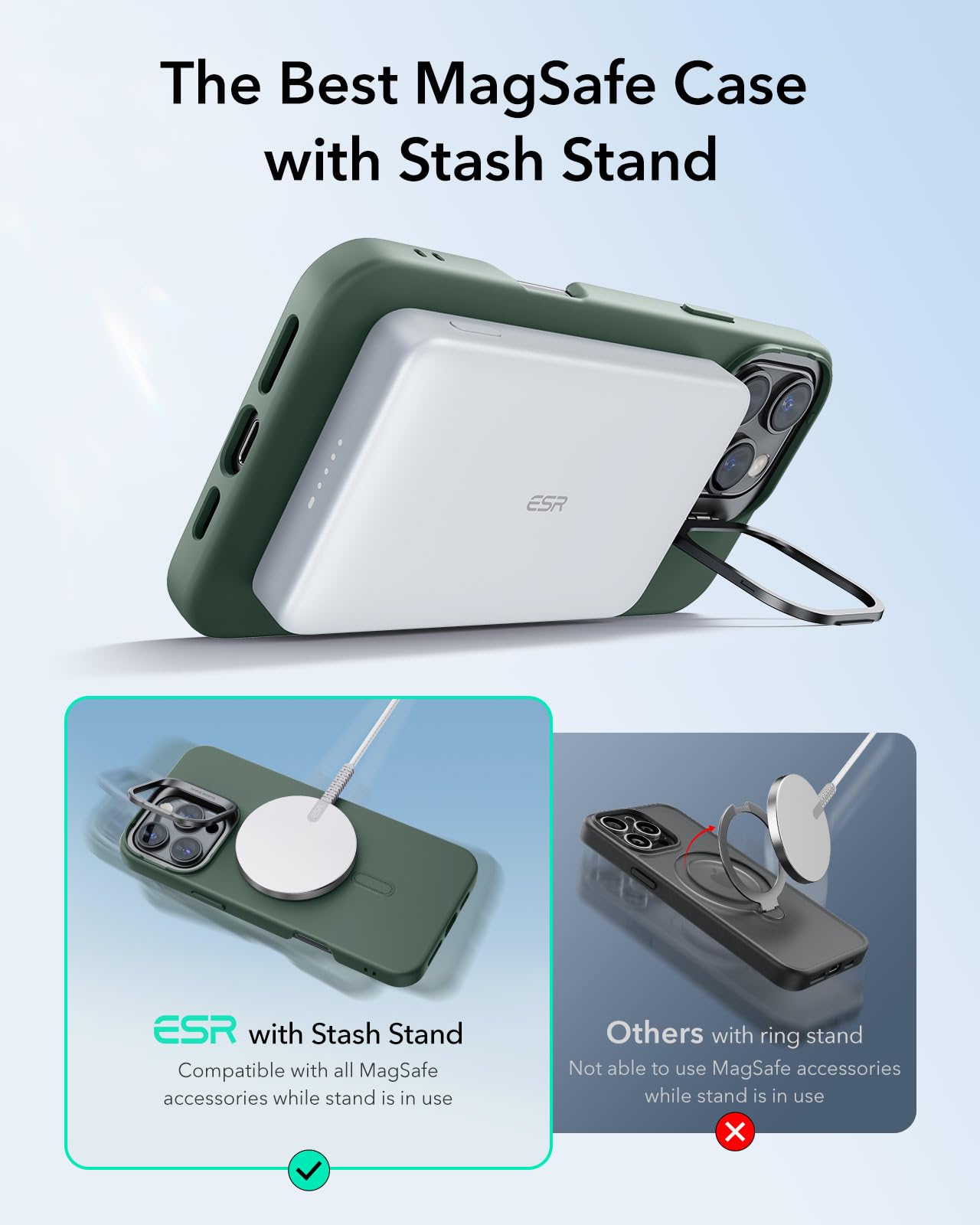 ESR for iPhone 16 Pro Max Case - Magnetic Silicone Phone Cover with Stand & MagSafe Compatibility, Built-in Camera Stash Stand, Protective Green Case (Cloud Series) - Perfect for Work, Travel, and Everyday Use